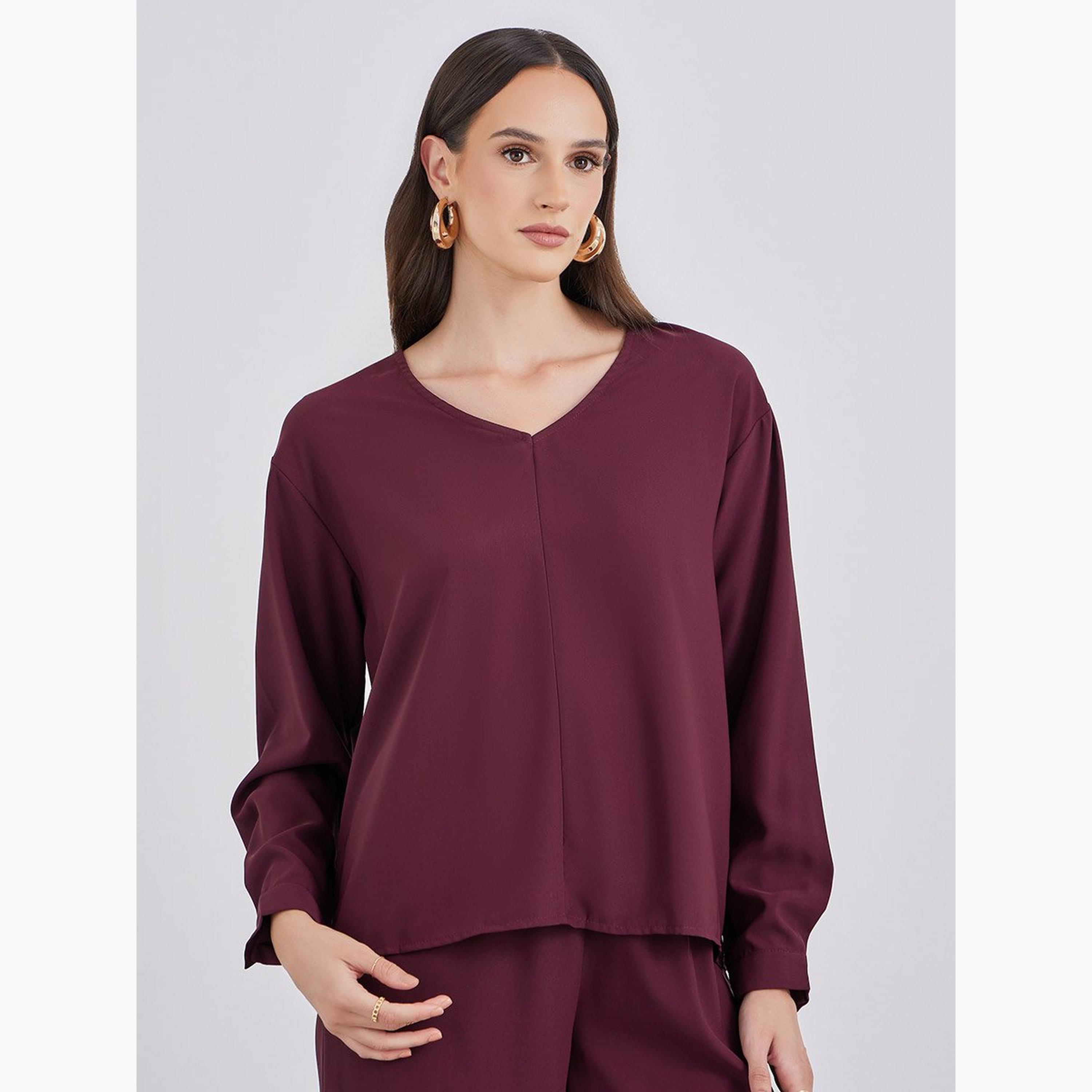 Styli Burgundy V-Neck Top and Pants Co-Ords with Scarf-women-clothing-coordsets-image-4