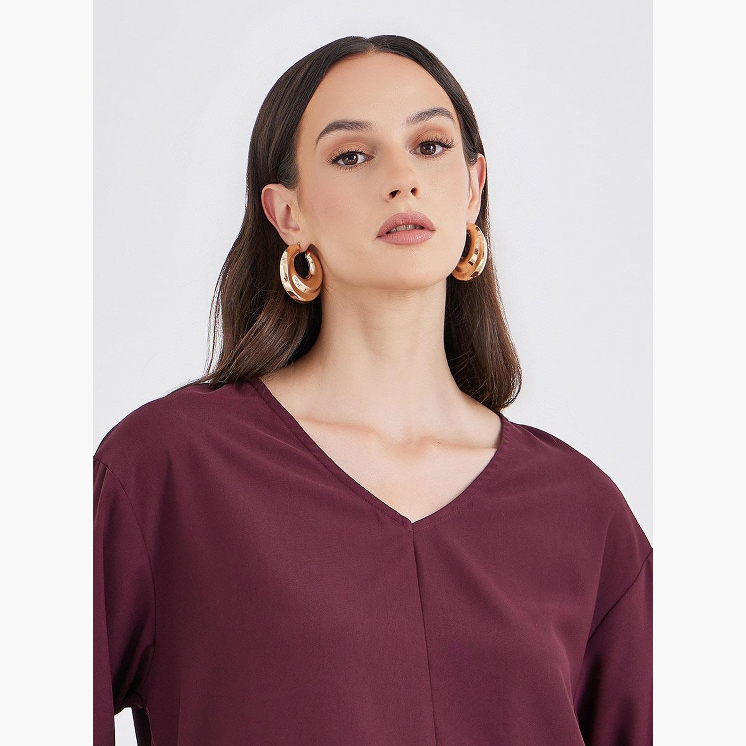 Styli Burgundy V-Neck Top and Pants Co-Ords with Scarf-women-clothing-coordsets-image-5