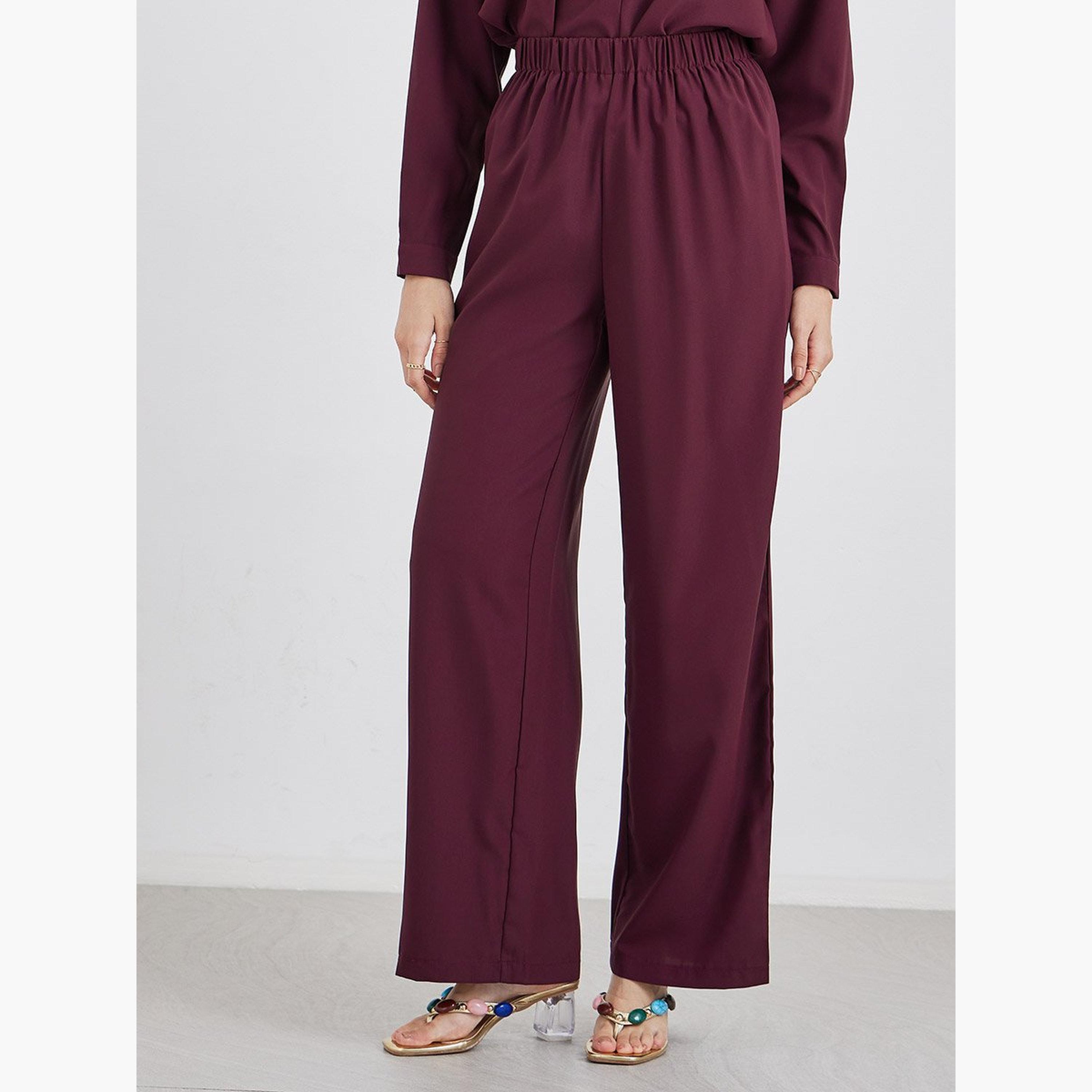 Styli Burgundy V-Neck Top and Pants Co-Ords with Scarf-women-clothing-coordsets-image-6
