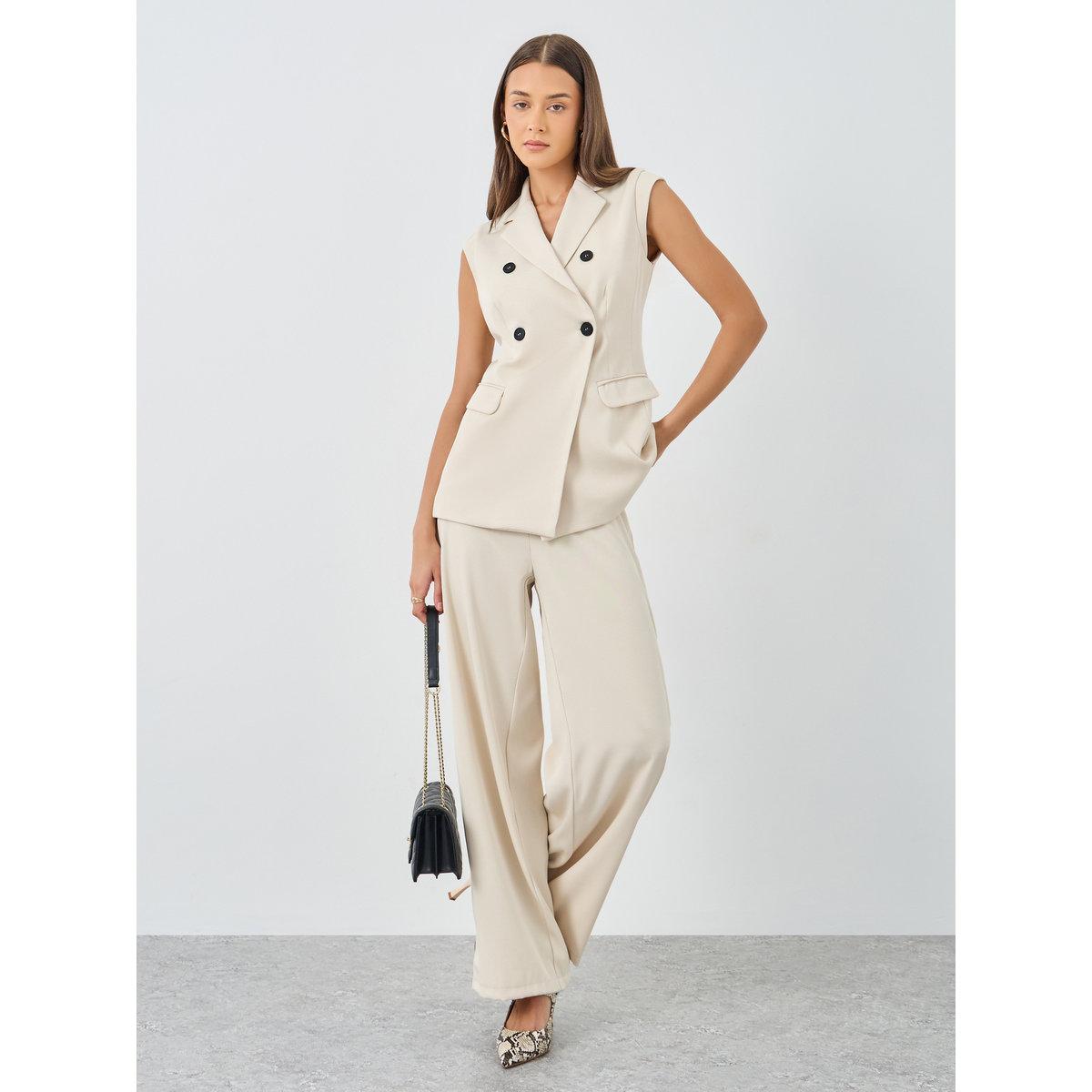 Styli Cream Double Breasted Blazer and Pants Co-Ords-women-clothing-coordsets-image-1