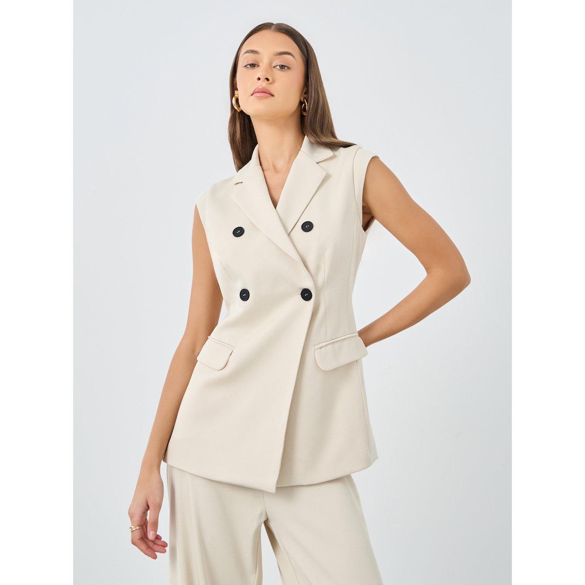 Styli Cream Double Breasted Blazer and Pants Co-Ords-women-clothing-coordsets-image-2