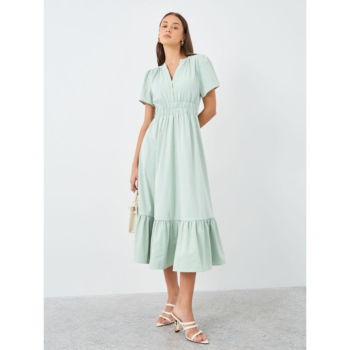 فستان ميدي سادة بأكمام قصيرة-women-clothing-dresses-image-1