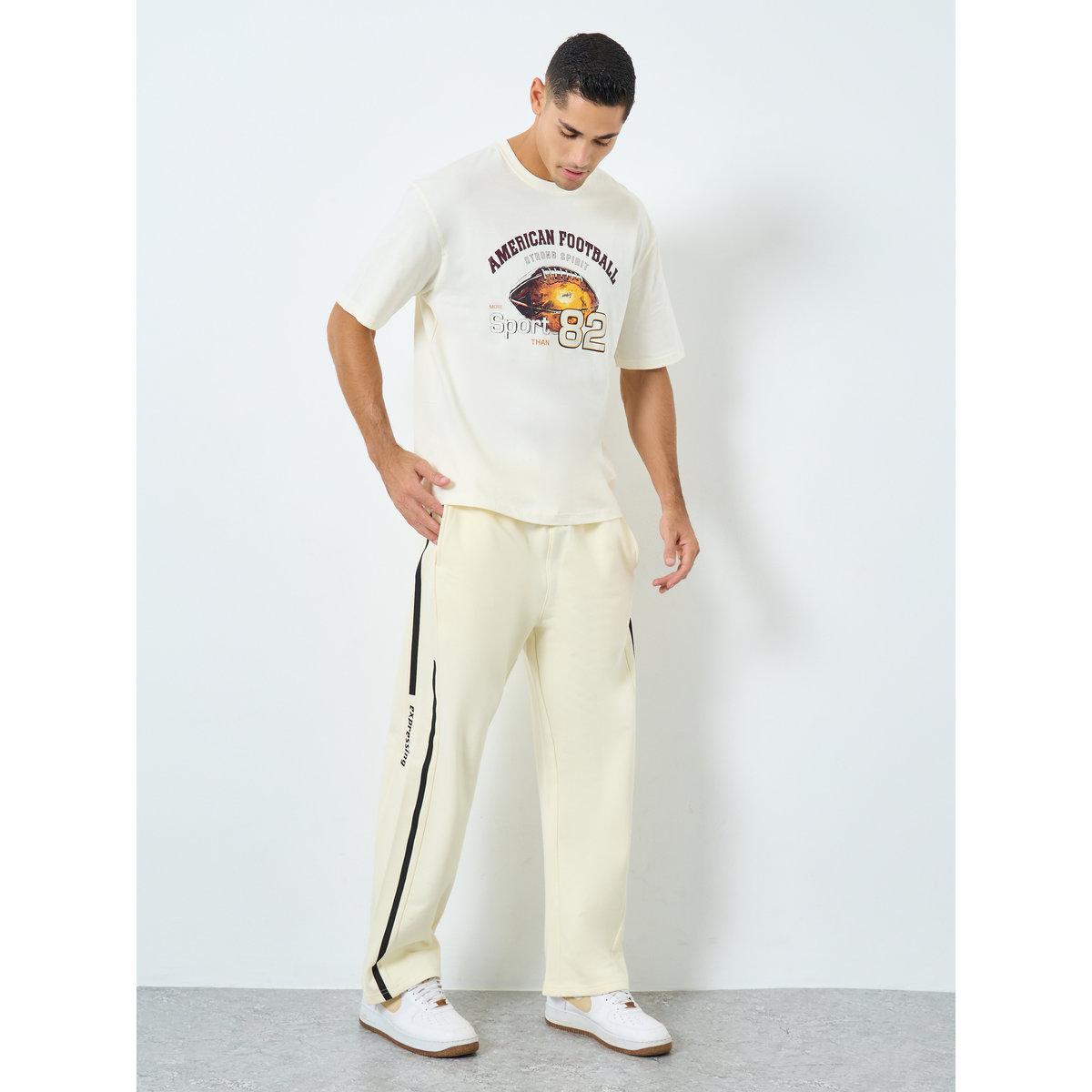 Styli Men Cream Striped Panel Fleece Joggers-men-clothing-bottoms-joggers-image-2