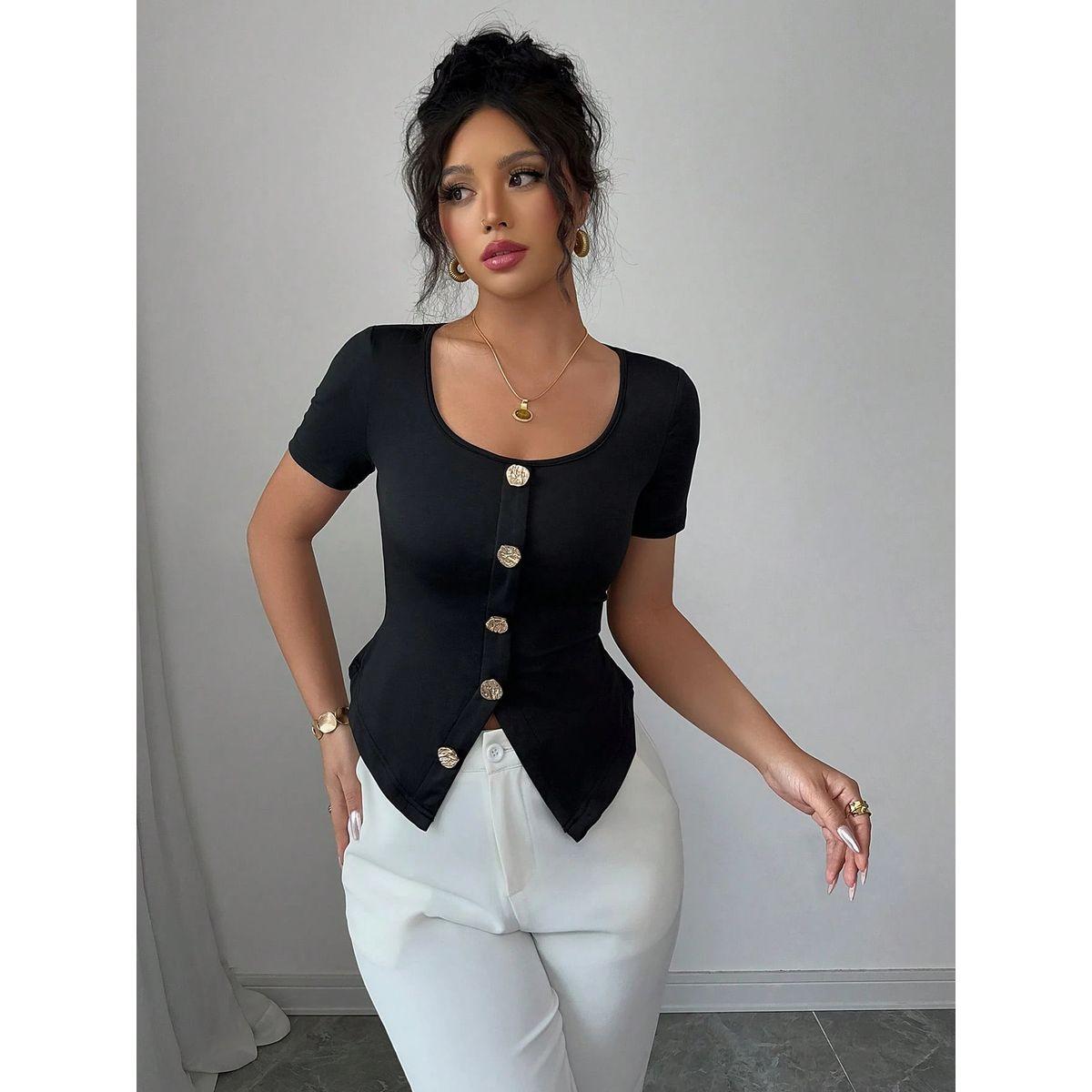 Styli Solid Round Neck Short Sleeve Button Front Top-women-clothing-shirtsandblouses-blouses-image-1