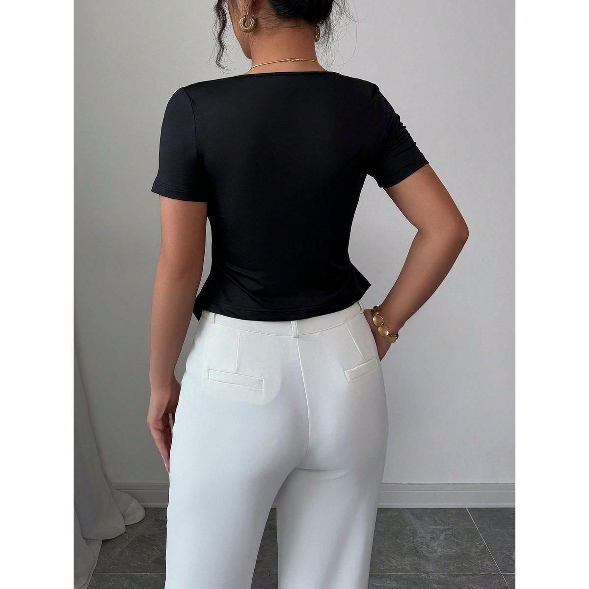 Styli Solid Round Neck Short Sleeve Button Front Top-women-clothing-shirtsandblouses-blouses-image-2
