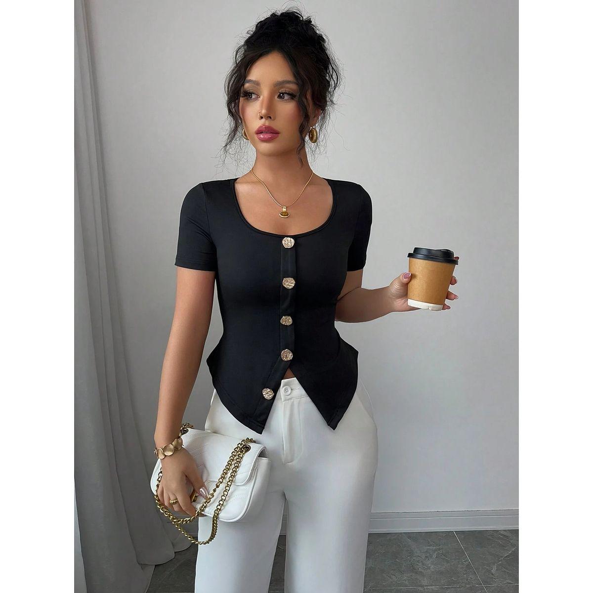 Styli Solid Round Neck Short Sleeve Button Front Top-women-clothing-shirtsandblouses-blouses-image-4