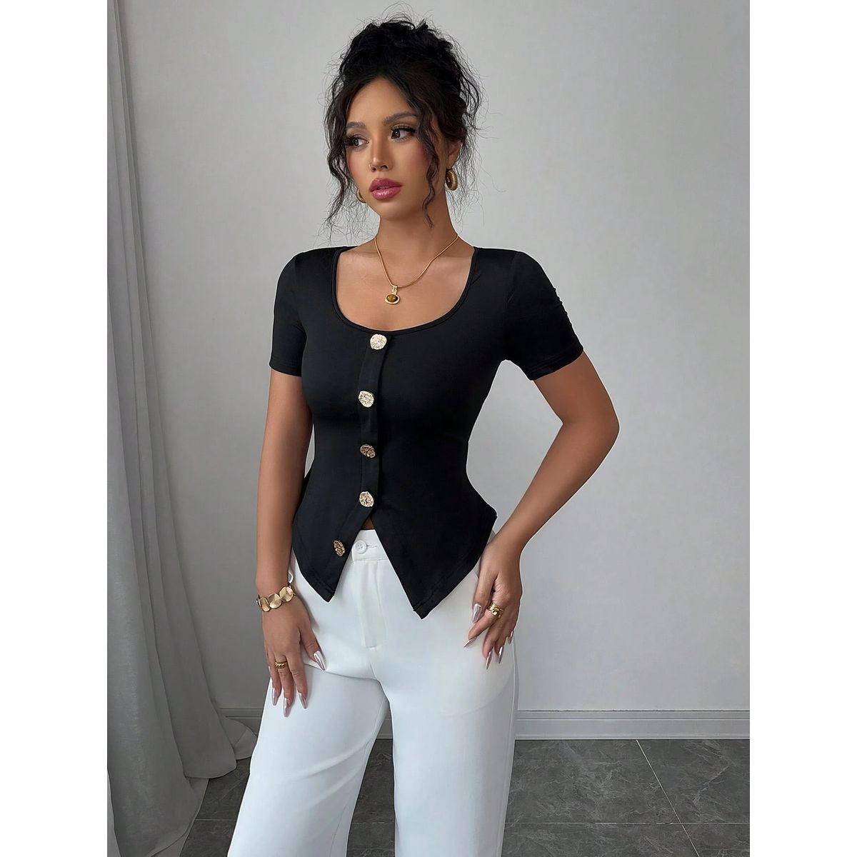 Styli Solid Round Neck Short Sleeve Button Front Top-women-clothing-shirtsandblouses-blouses-image-5