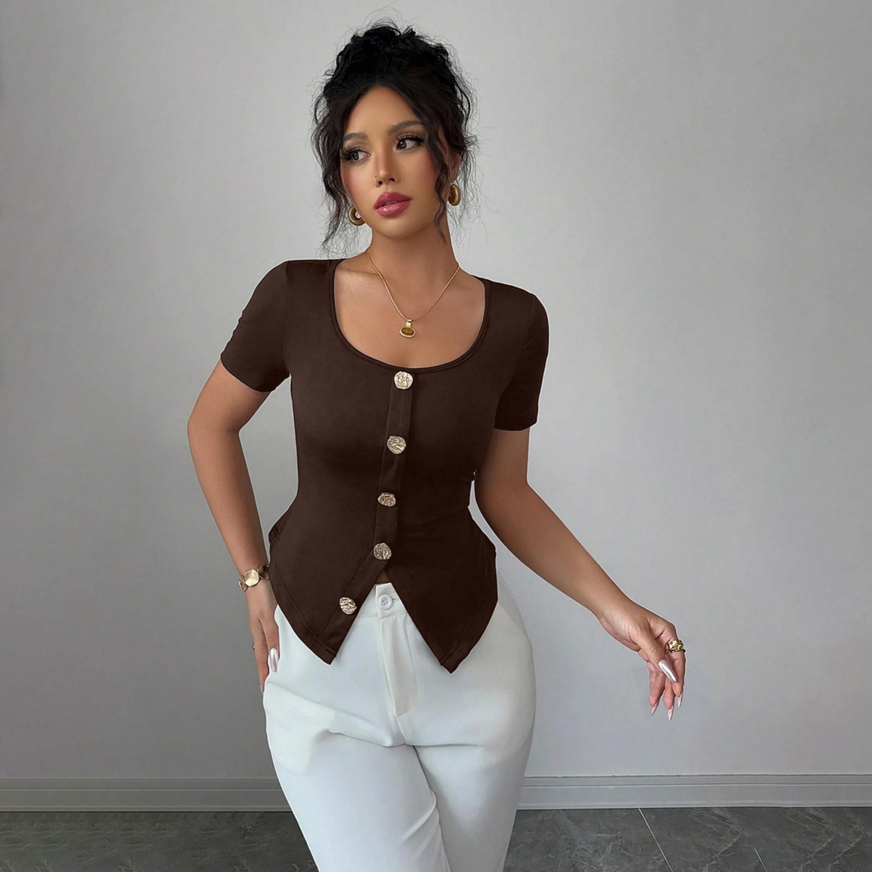 Take Two Brown Square Neck Button Front Top-women-clothing-shirtsandblouses-blouses-image-1