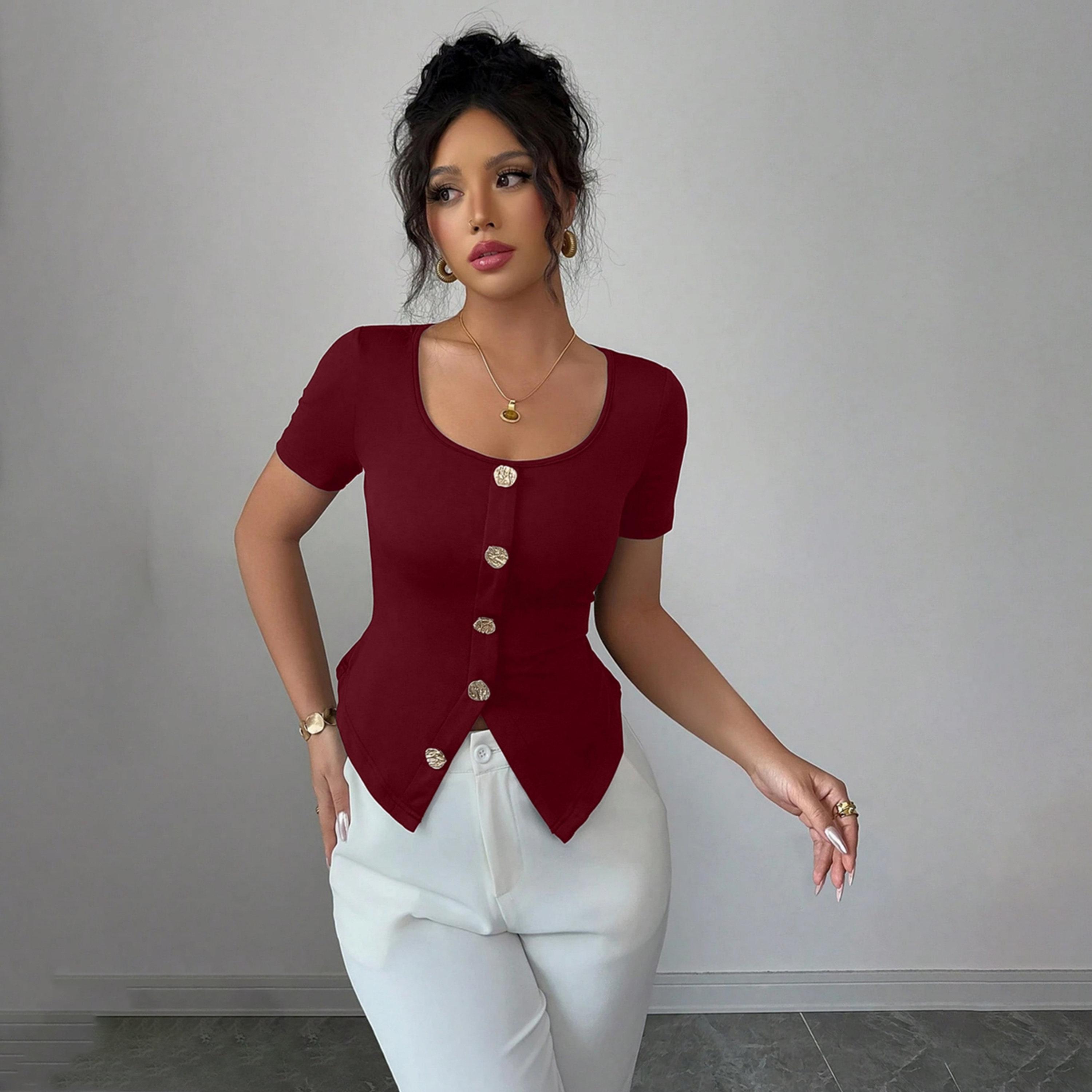 Take Two Burgundy Square Neck Button Front Top-women-clothing-shirtsandblouses-blouses-image-1