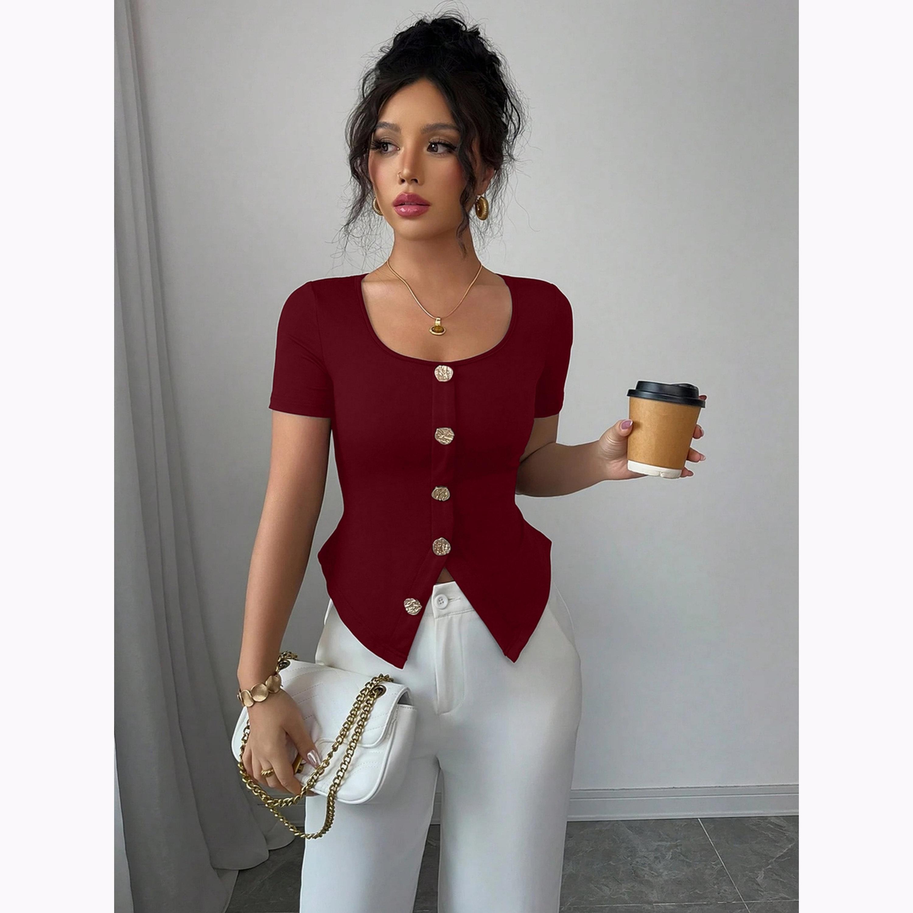 Take Two Burgundy Square Neck Button Front Top-women-clothing-shirtsandblouses-blouses-image-3