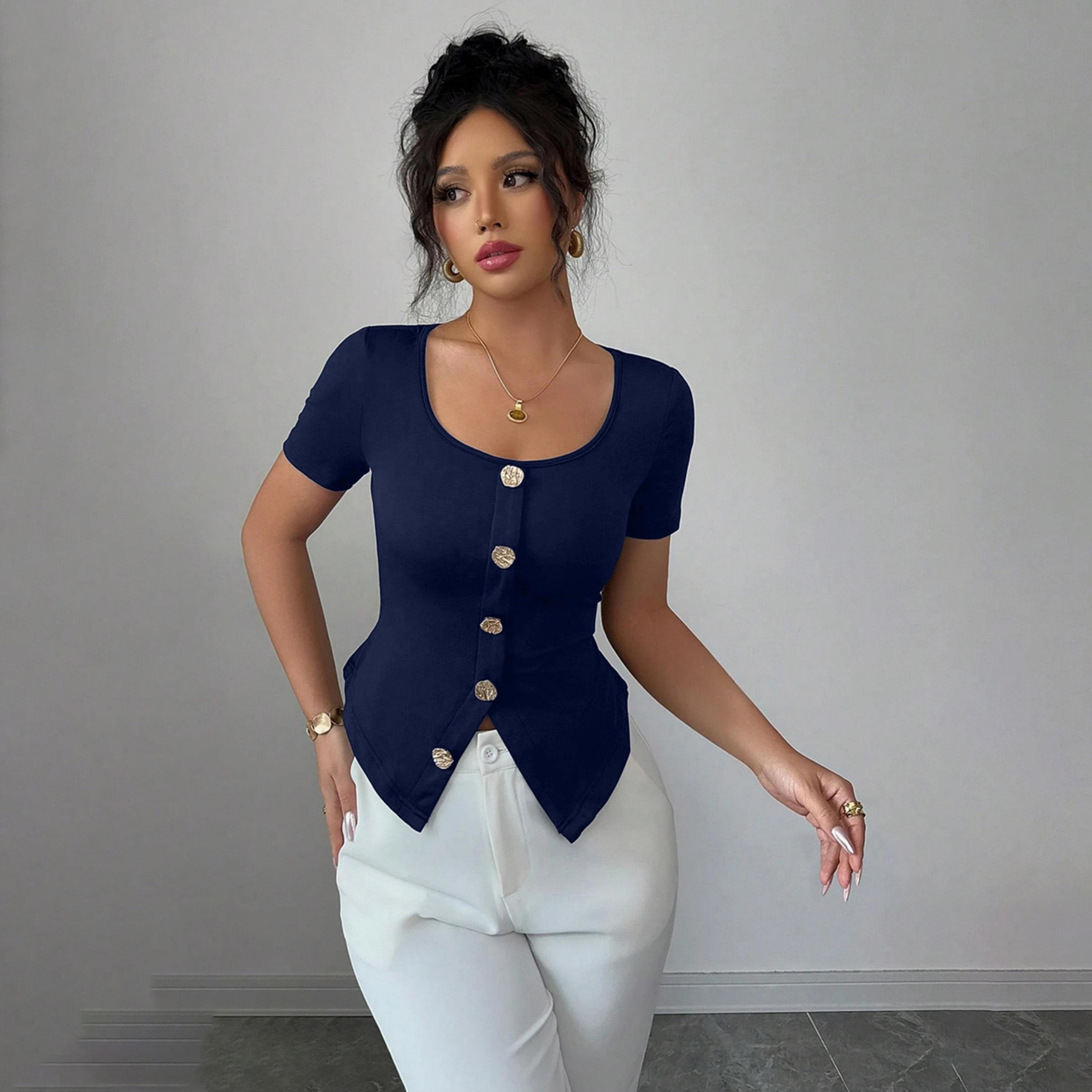 بلوزة بأزرار أمامية وياقة مربعة-women-clothing-shirtsandblouses-blouses-image-1