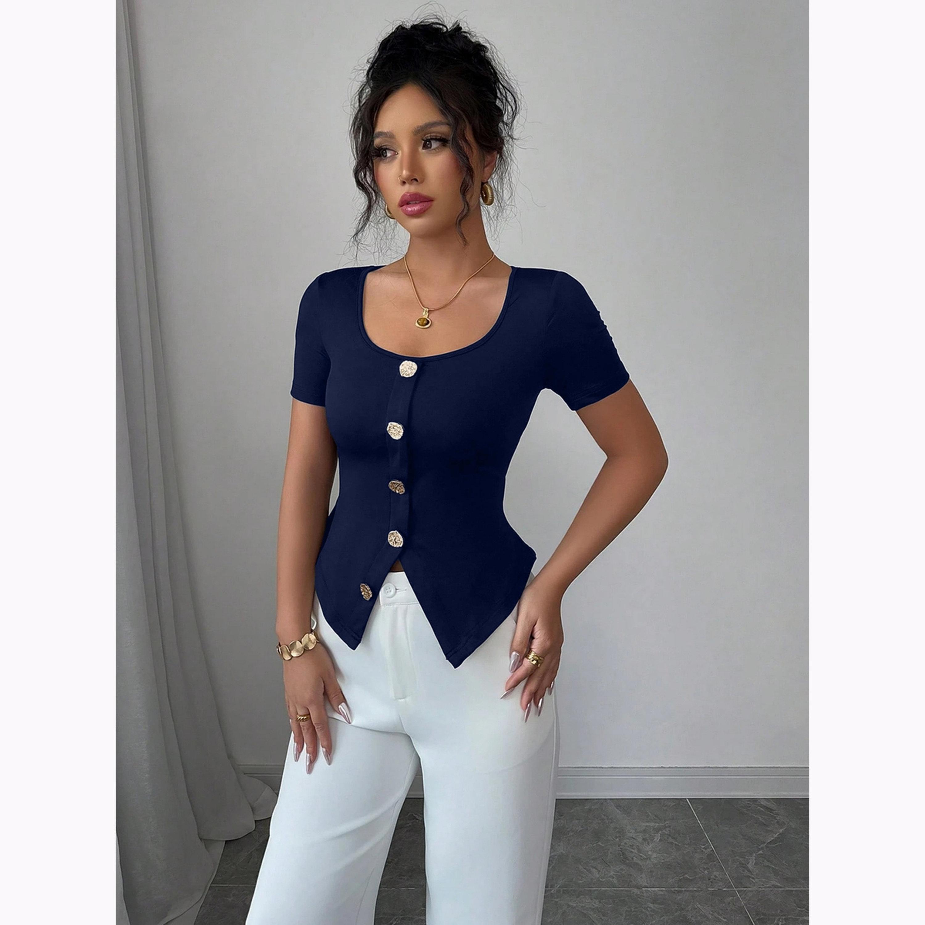 Take Two Navy Blue Square Neck Button Front Top-women-clothing-shirtsandblouses-blouses-image-2
