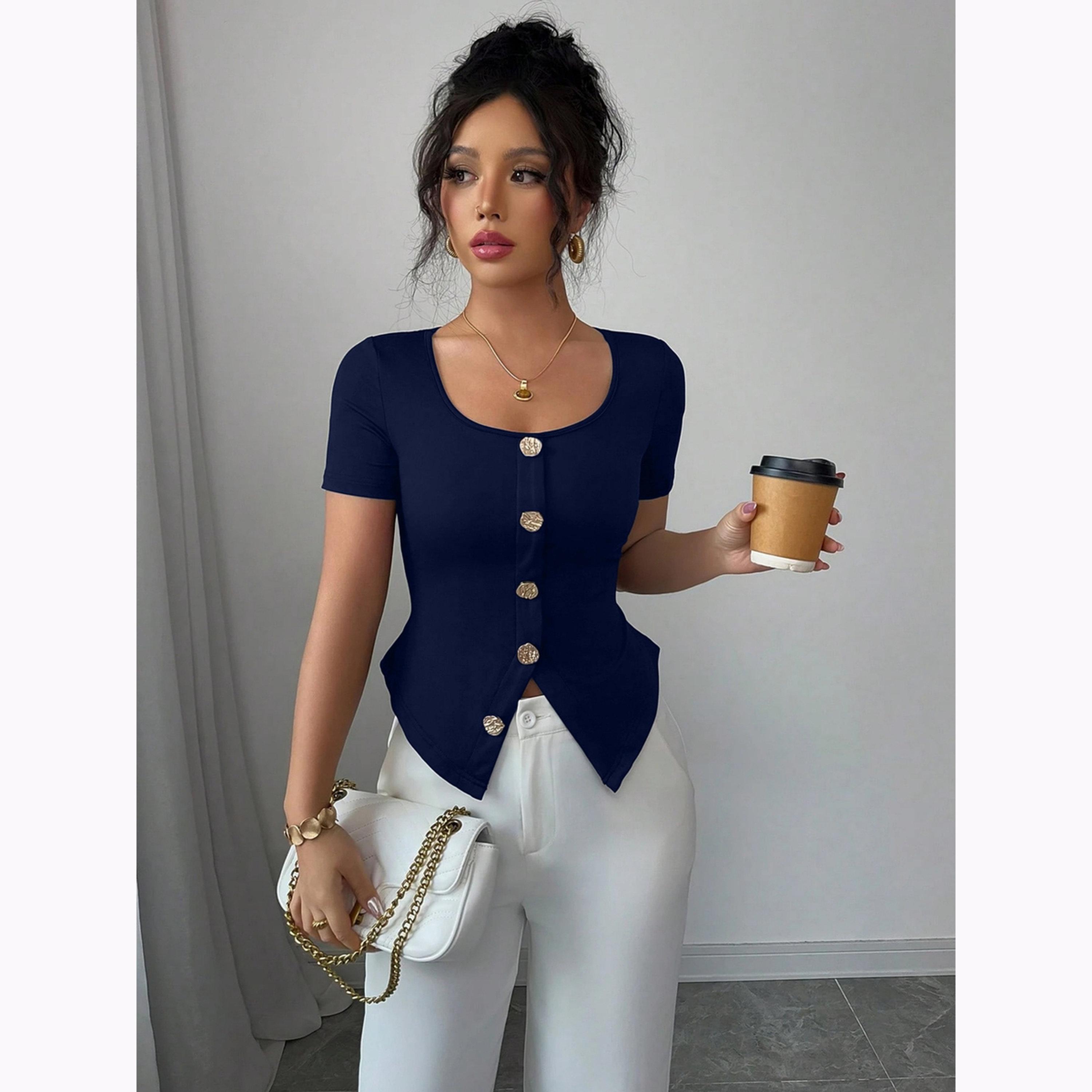 Take Two Navy Blue Square Neck Button Front Top-women-clothing-shirtsandblouses-blouses-image-3