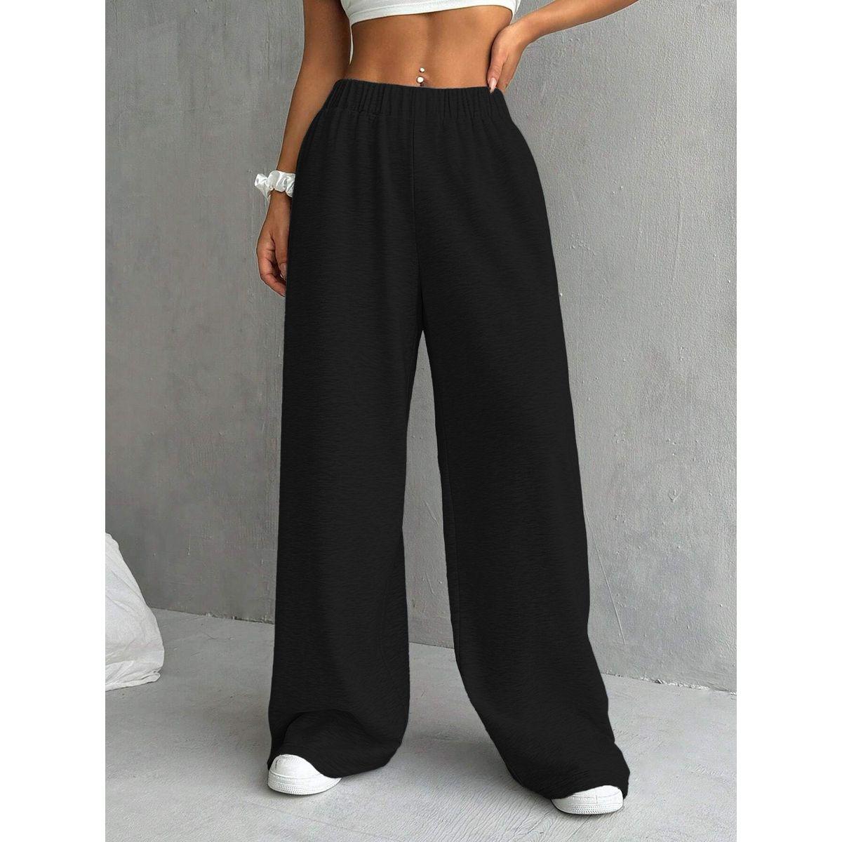 Styli Women Black Solid Elastic Waist Wide Leg Joggers-women-clothing-bottoms-joggers-image-1