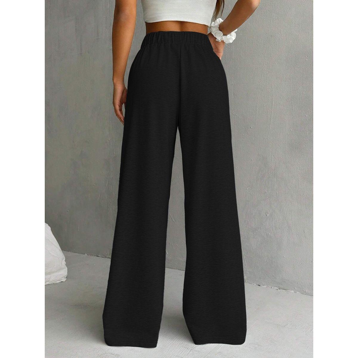 Styli Women Black Solid Elastic Waist Wide Leg Joggers-women-clothing-bottoms-joggers-image-2