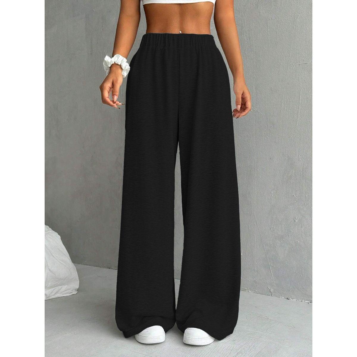 Styli Women Black Solid Elastic Waist Wide Leg Joggers-women-clothing-bottoms-joggers-image-3