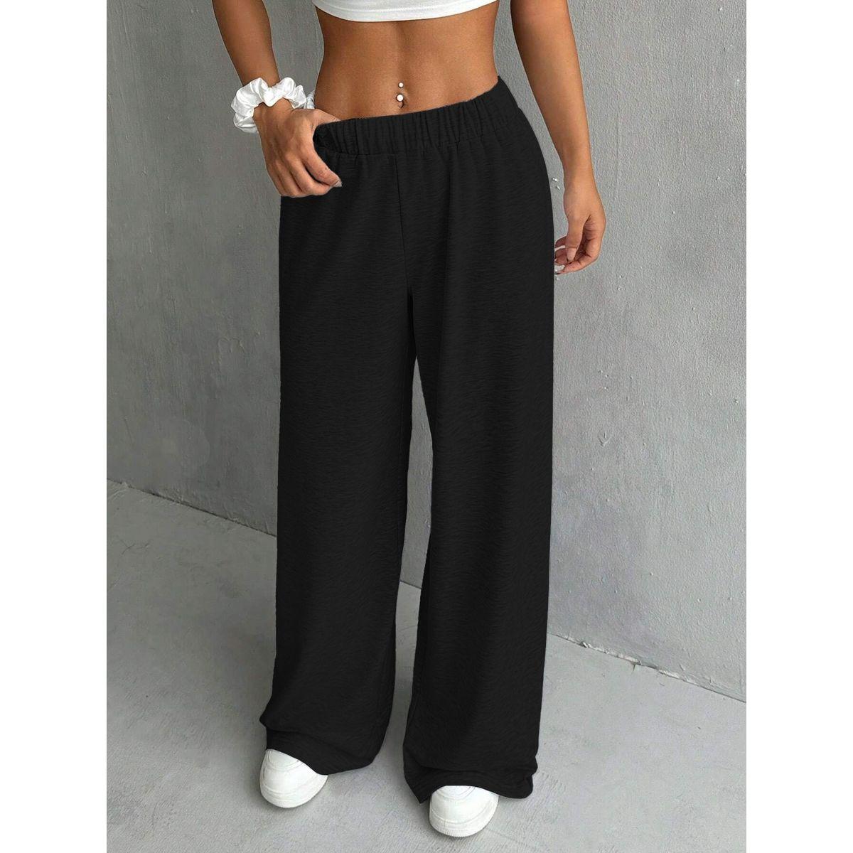 Styli Women Black Solid Elastic Waist Wide Leg Joggers-women-clothing-bottoms-joggers-image-4