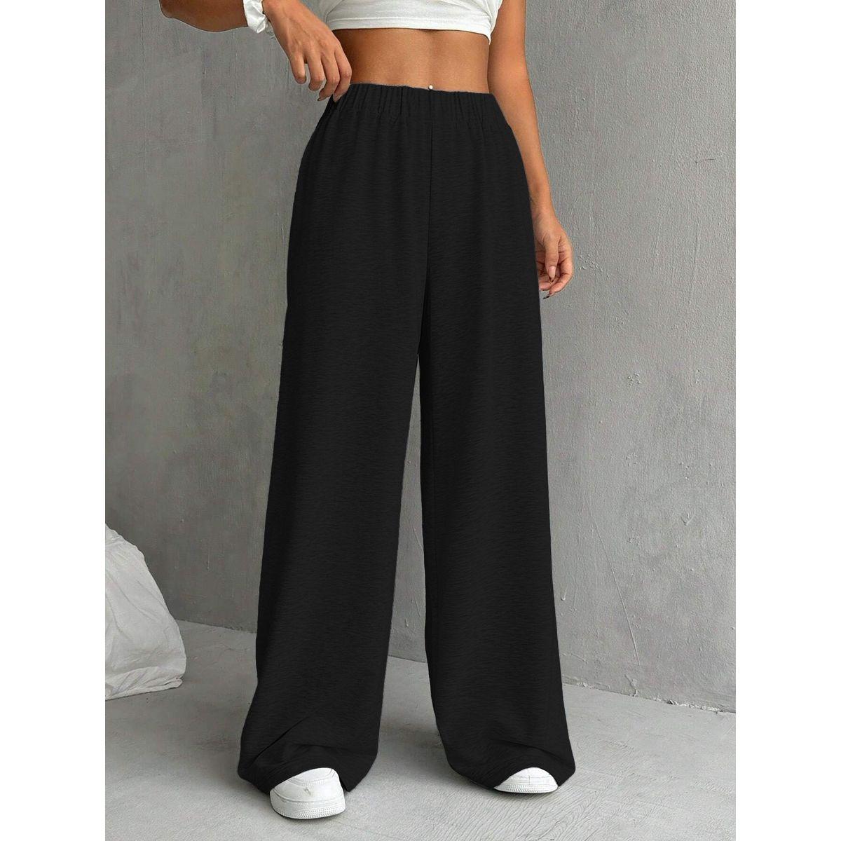 Styli Women Black Solid Elastic Waist Wide Leg Joggers-women-clothing-bottoms-joggers-image-5
