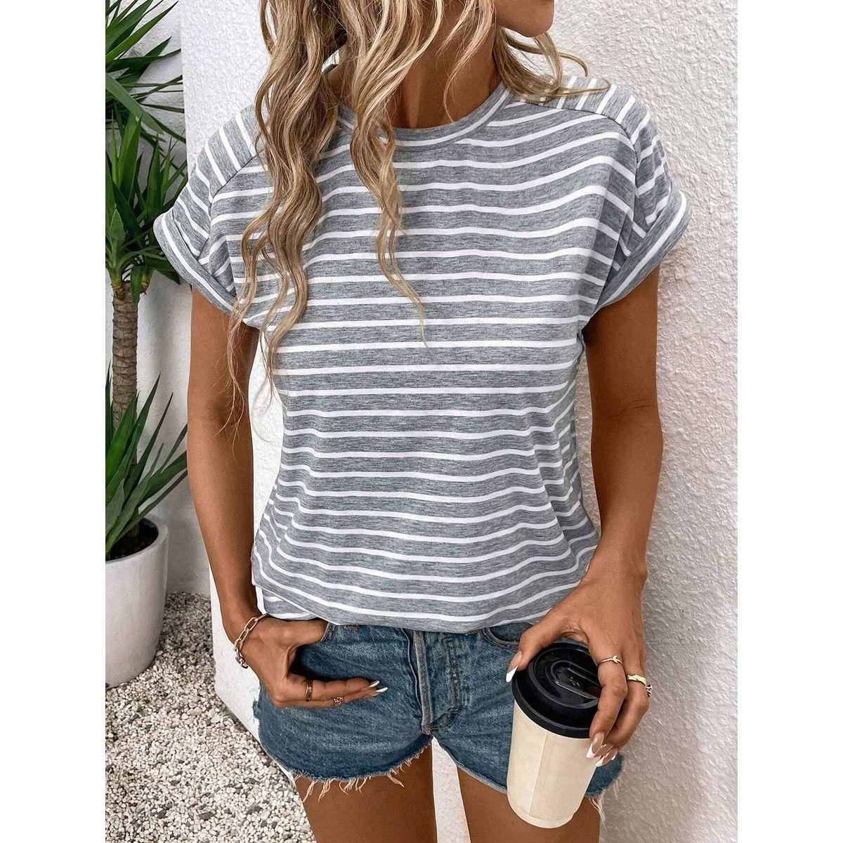 Styli Striped Round Neck Short Sleeve T-Shirt-women-clothing-tshirts-image-1