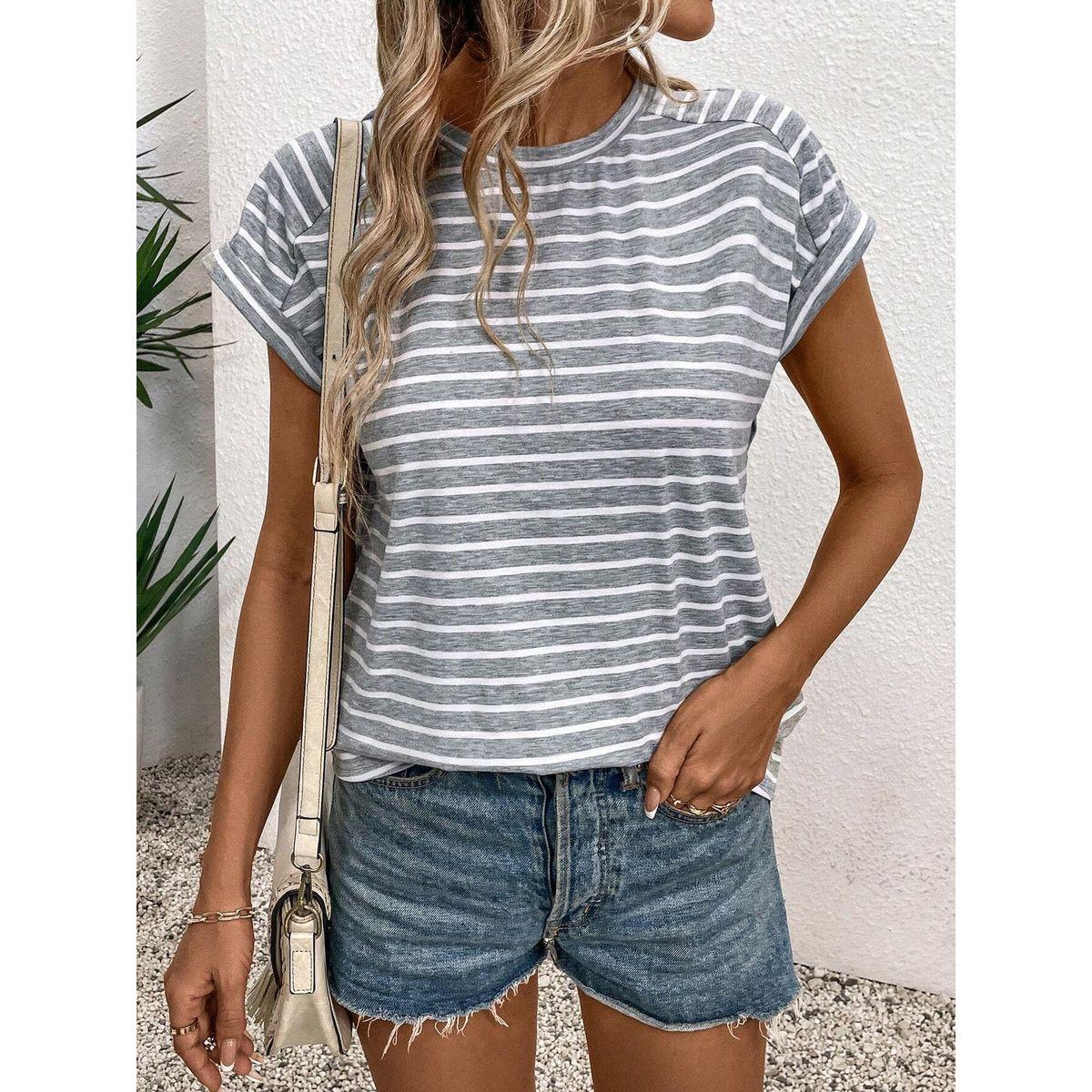 Styli Striped Round Neck Short Sleeve T-Shirt-women-clothing-tshirts-image-5