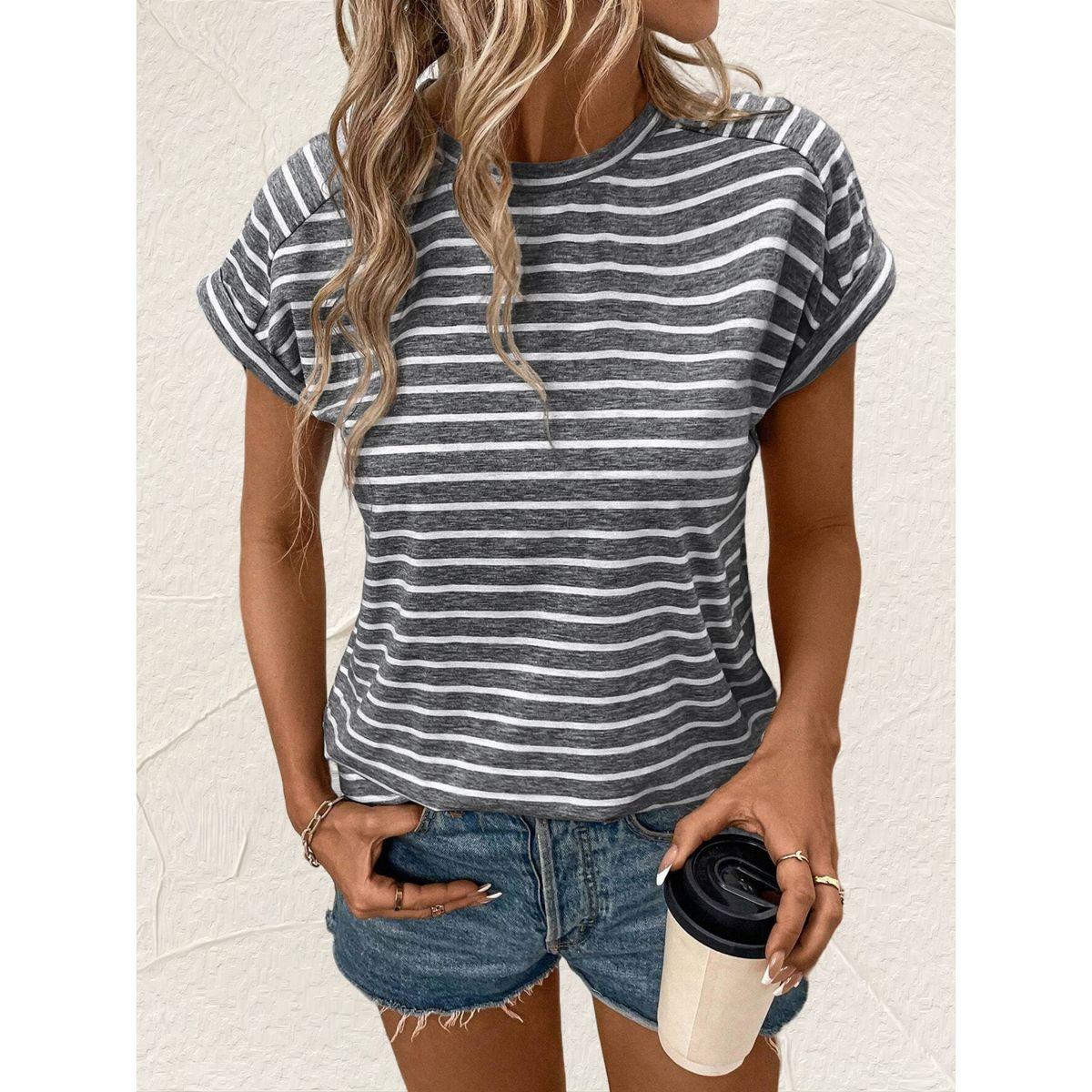 Styli Striped Round Neck Short Sleeve T-Shirt-women-clothing-tshirts-image-1