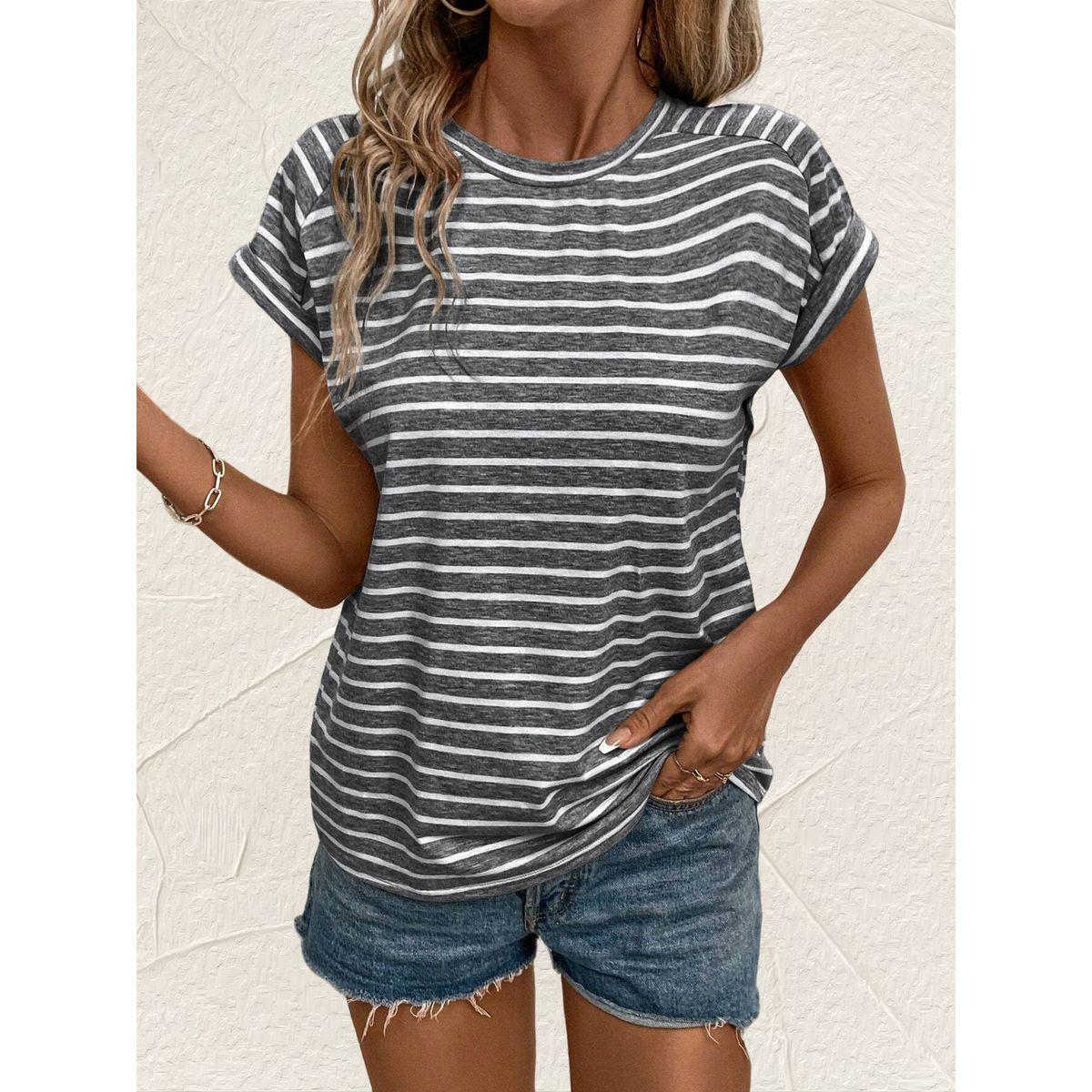 تيشيرت مخطط بياقة دائرية وأكمام قصيرة-women-clothing-tshirts-image-3