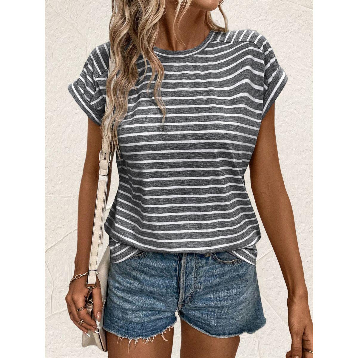Styli Striped Round Neck Short Sleeve T-Shirt-women-clothing-tshirts-image-5