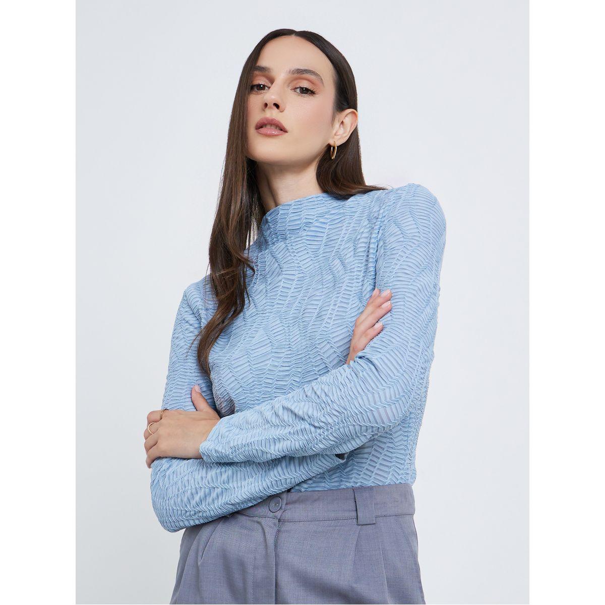 Styli Women Blue Textured Knit Regular Fit Top-women-clothing-tshirts-image-1