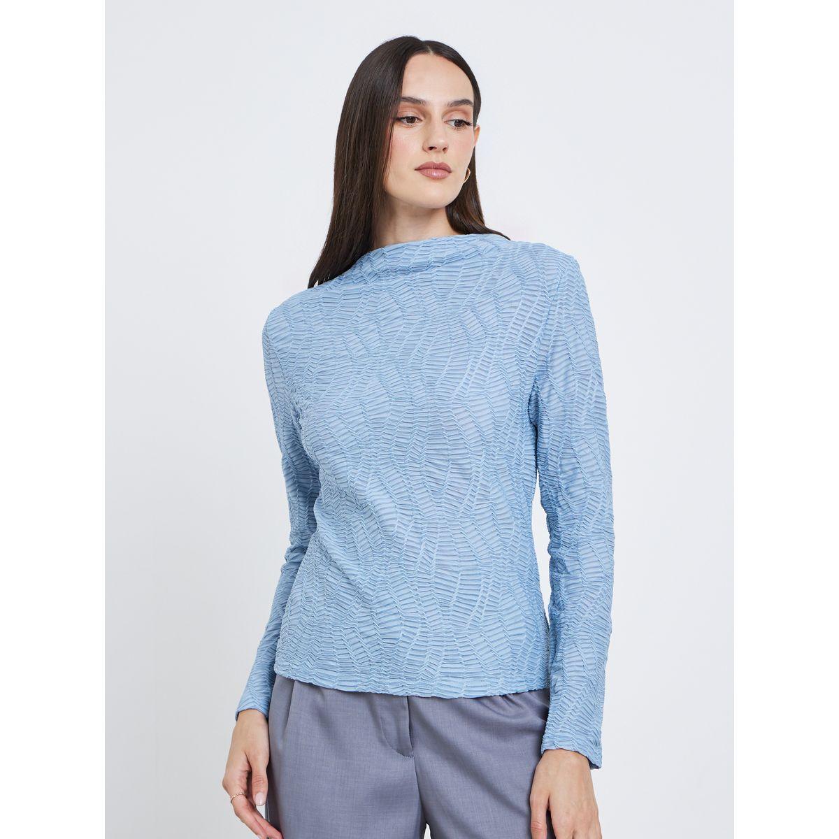Styli Women Blue Textured Knit Regular Fit Top-women-clothing-tshirts-image-3
