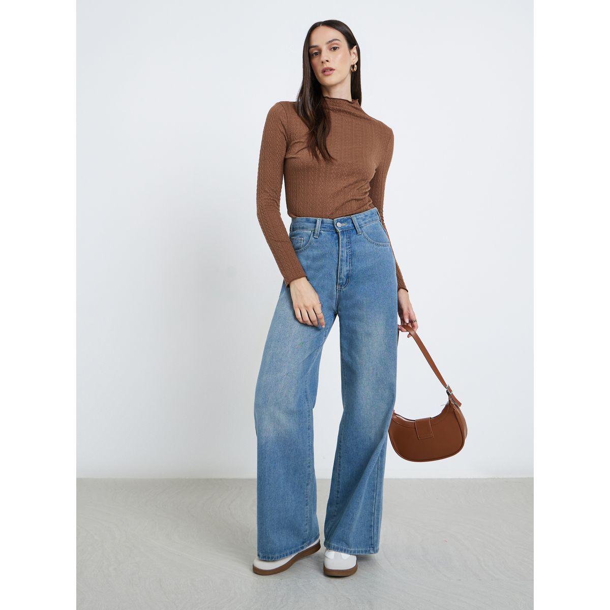 Styli Brown Mock Neck Textured Knit Fitted Top-women-clothing-shirtsandblouses-blouses-image-2
