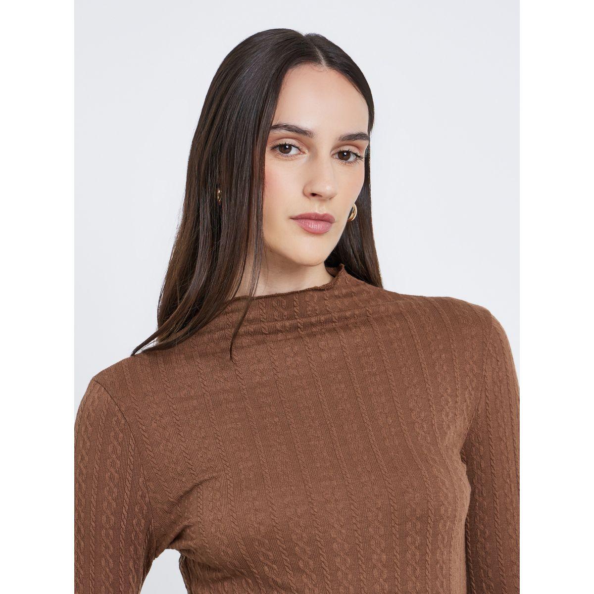 Styli Brown Mock Neck Textured Knit Fitted Top-women-clothing-shirtsandblouses-blouses-image-3