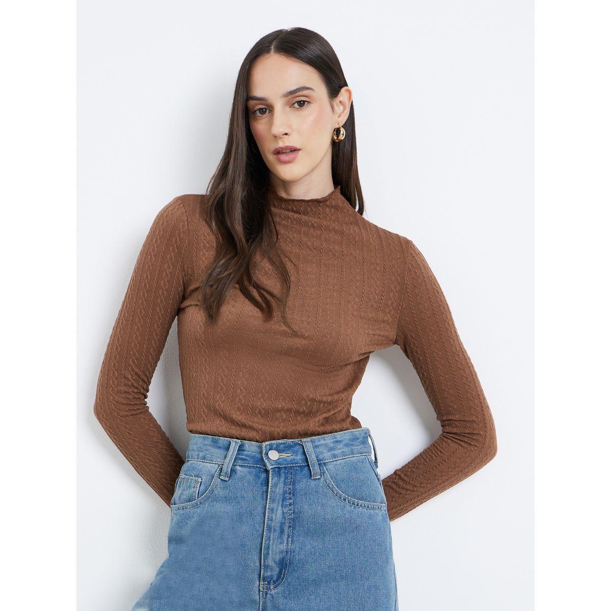 Styli Brown Mock Neck Textured Knit Fitted Top-women-clothing-shirtsandblouses-blouses-image-4