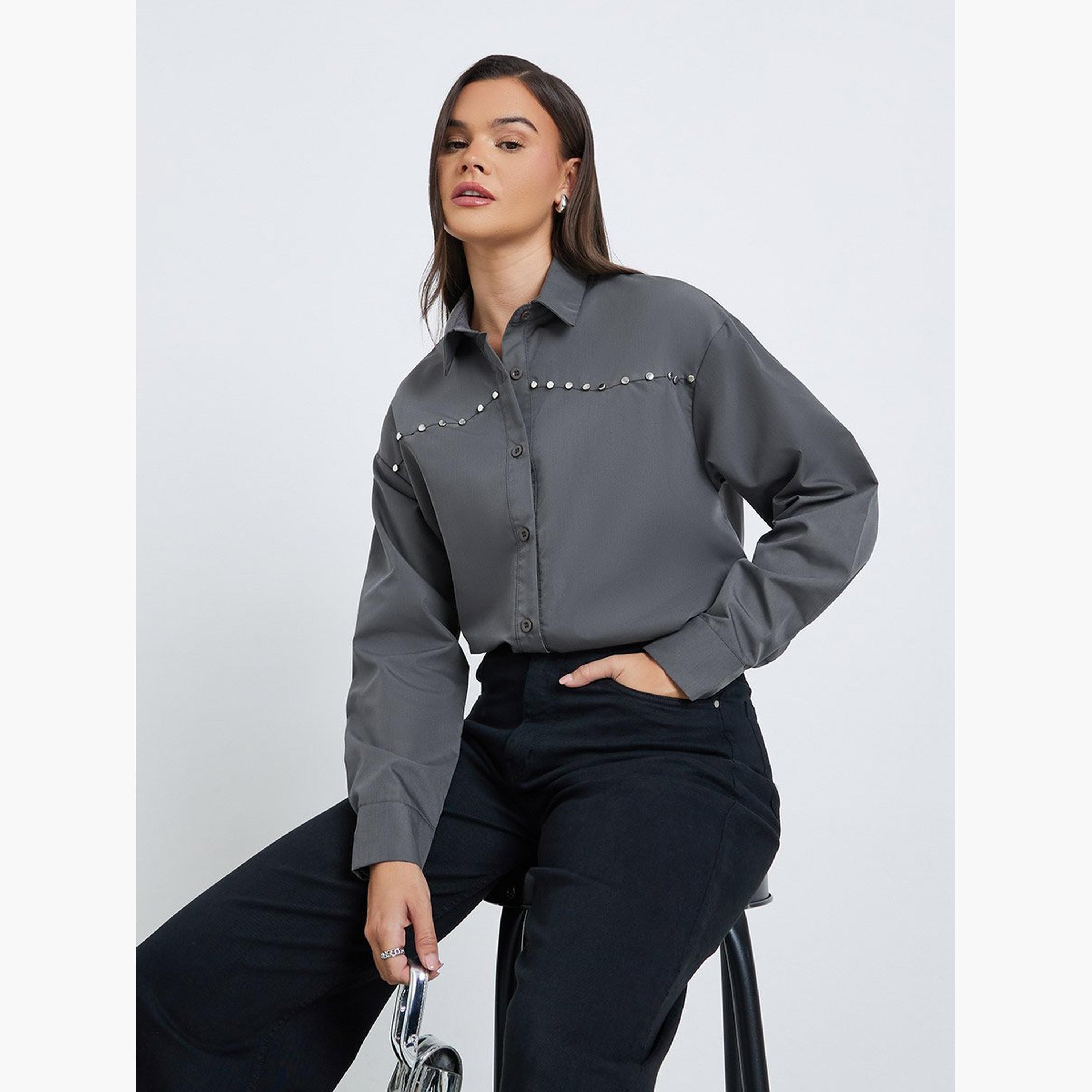 Styli Studded Spread Collar Buttoned Shirt-women-clothing-shirtsandblouses-shirts-image-1