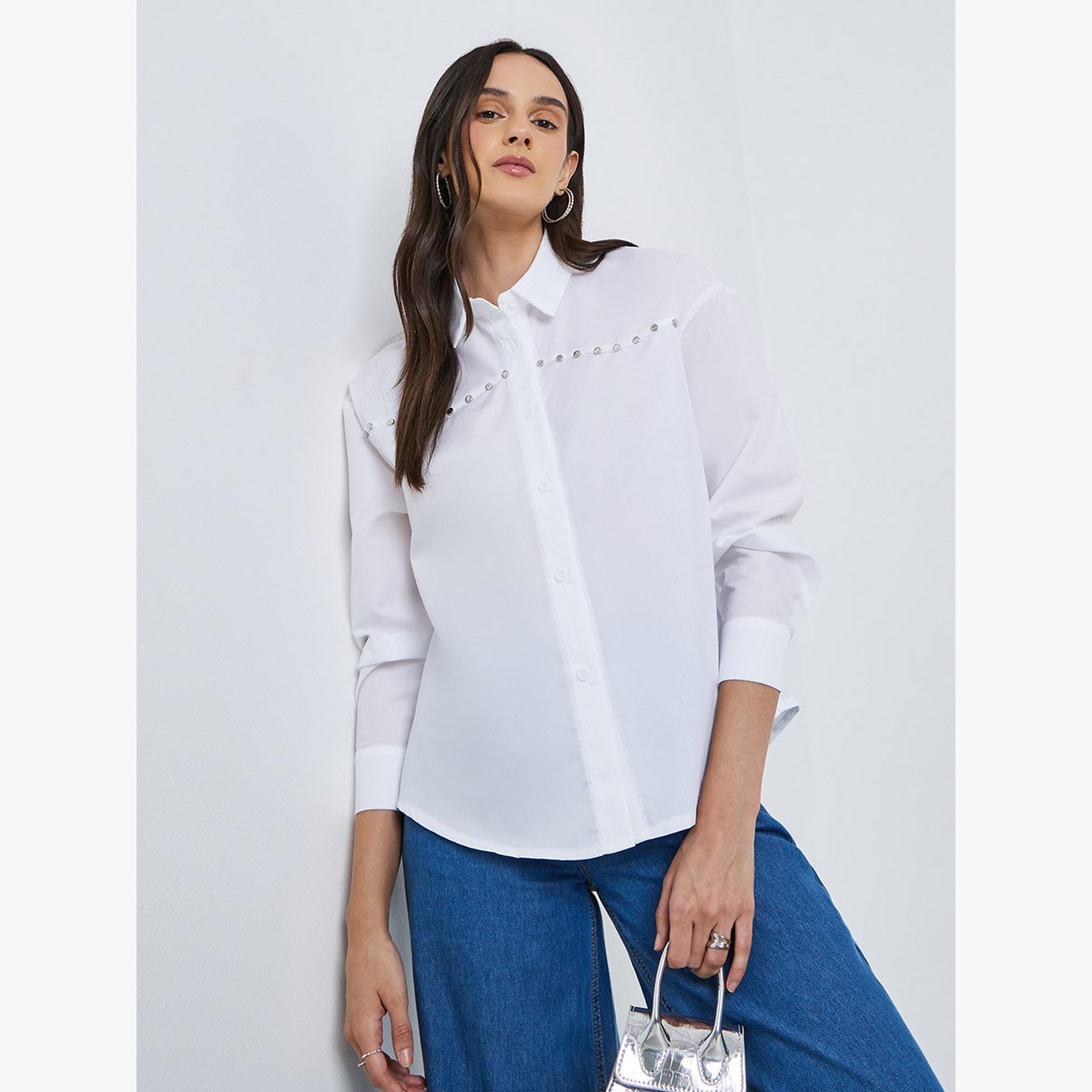 Styli Solid Buttoned Spread Collar Shirt-women-clothing-shirtsandblouses-shirts-image-1