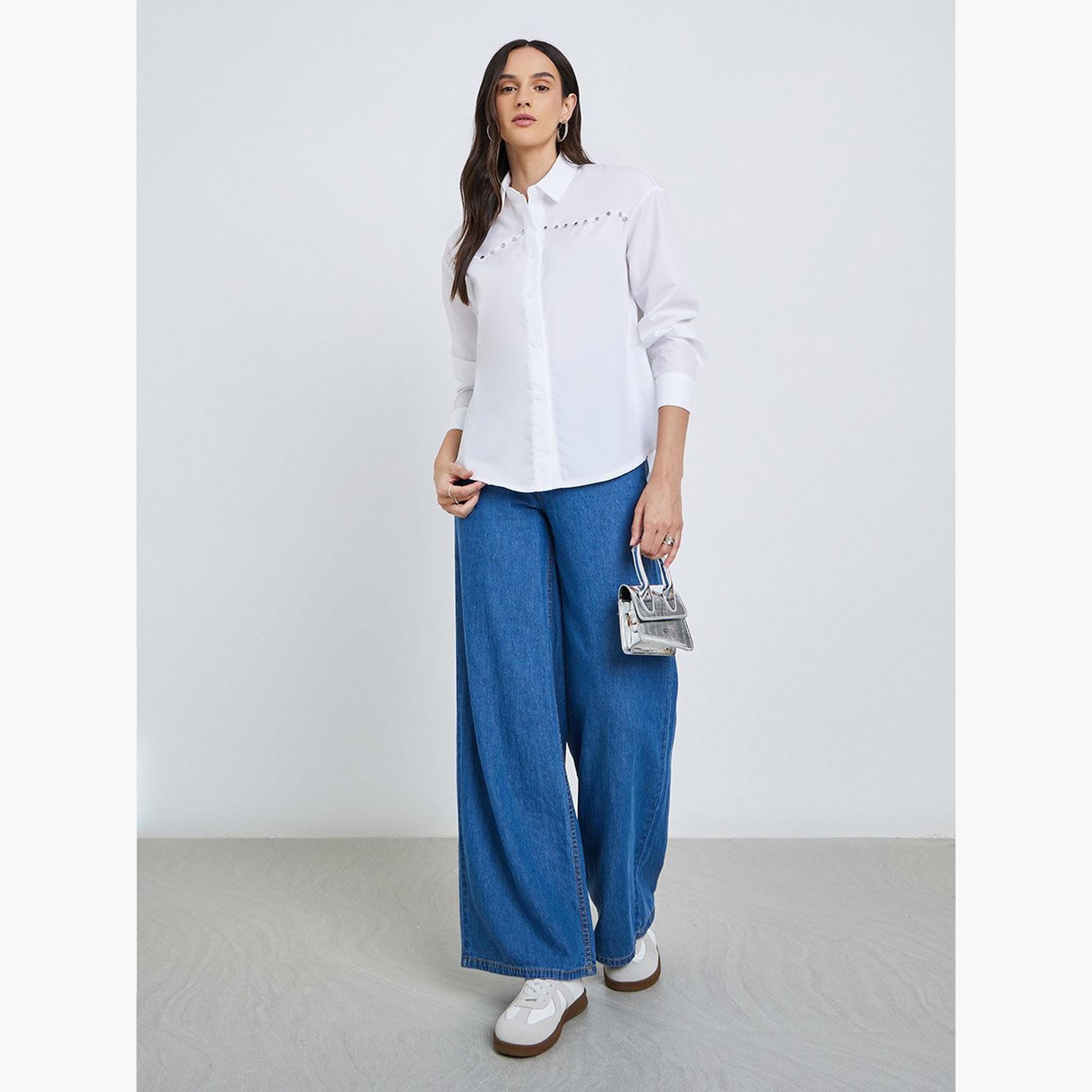 Styli Solid Buttoned Spread Collar Shirt-women-clothing-shirtsandblouses-shirts-image-2