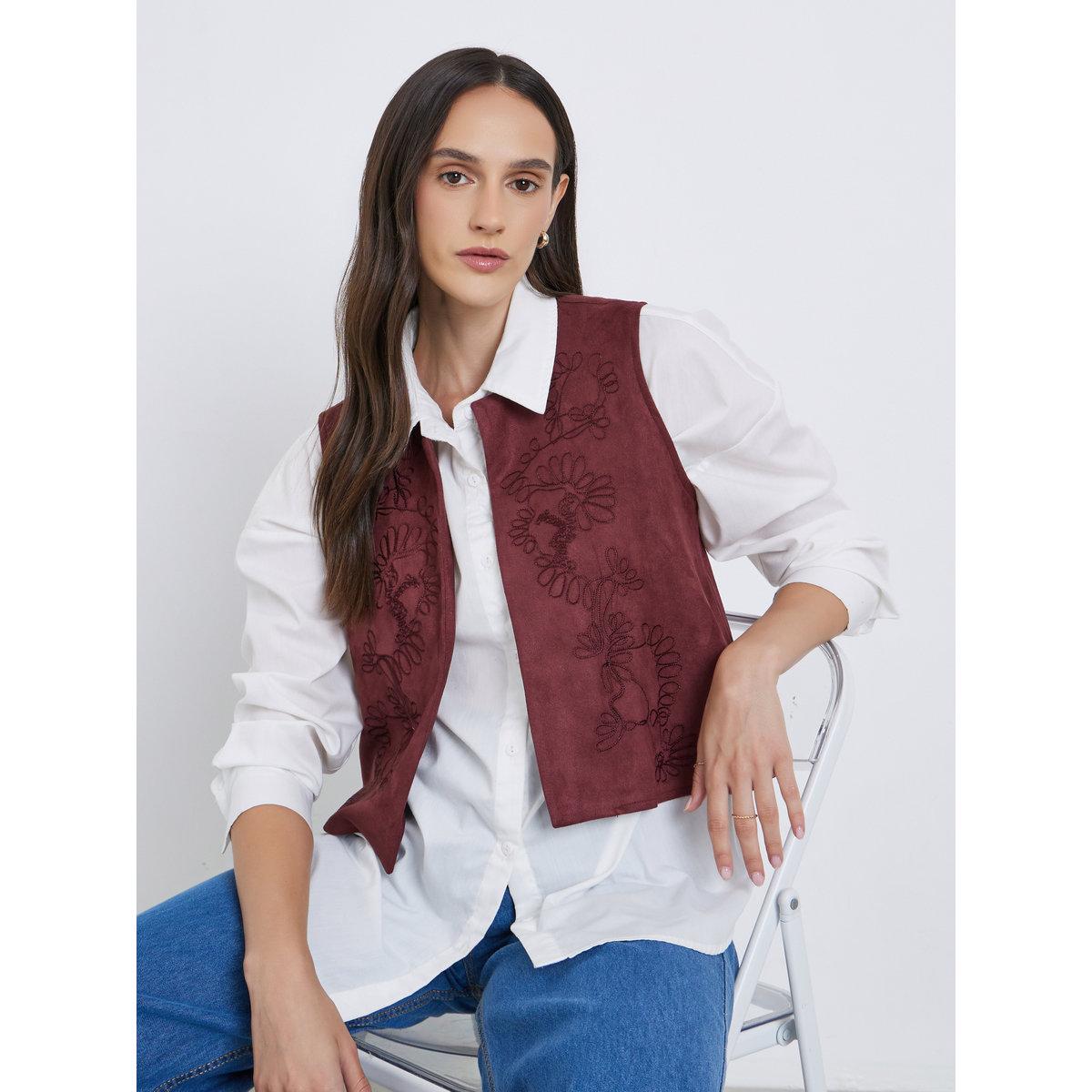 Styli Red Embroidered Velvet Look Waistcoat-women-clothing-coatsandjackets-waistcoats-image-1