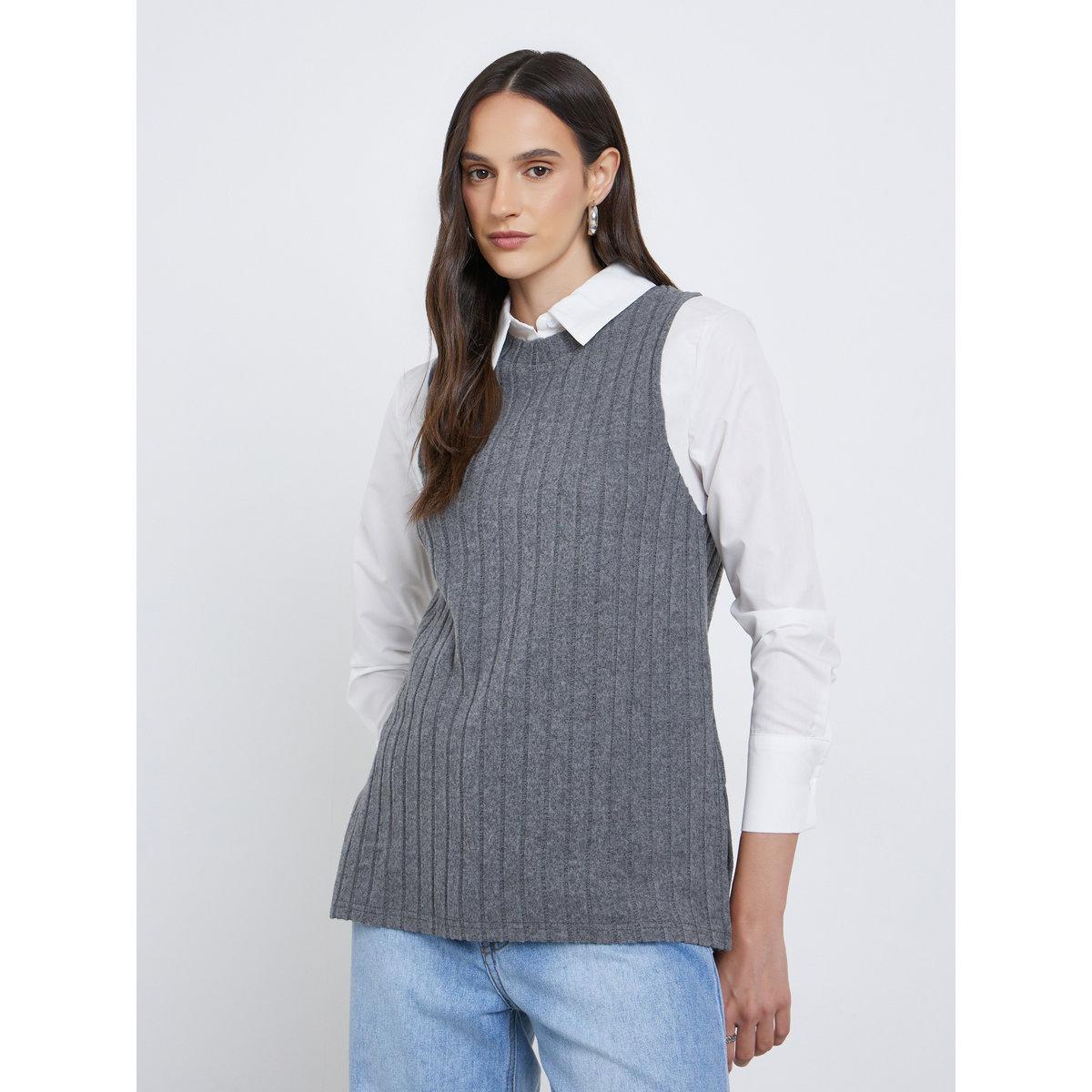 Styli Women Charcoal Ribbed Overlay Shirt-women-clothing-shirtsandblouses-shirts-image-1
