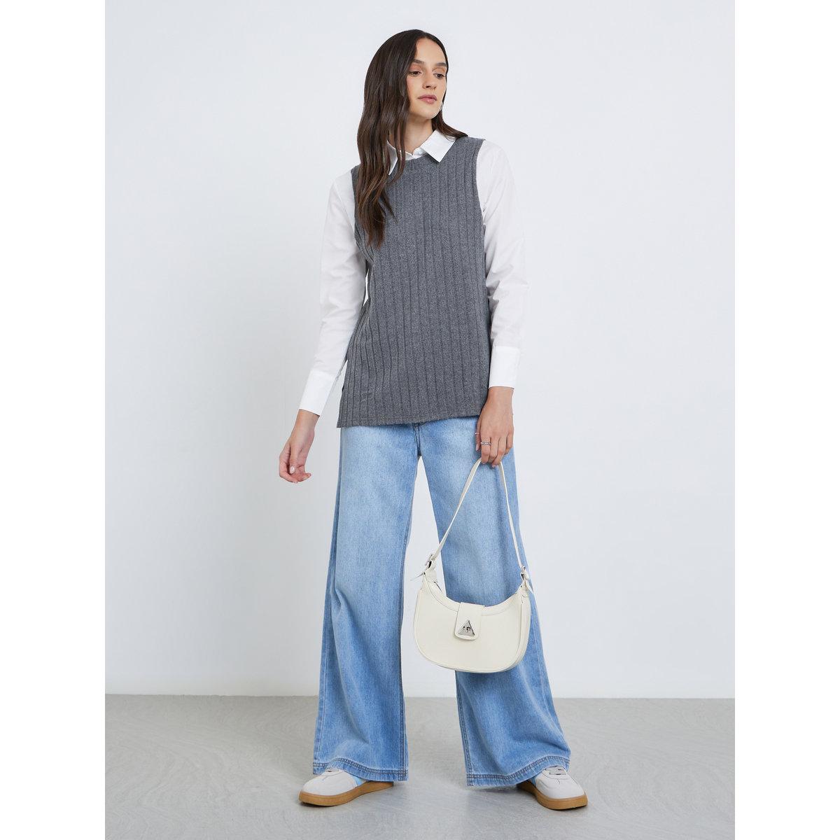 Styli Women Charcoal Ribbed Overlay Shirt-women-clothing-shirtsandblouses-shirts-image-2