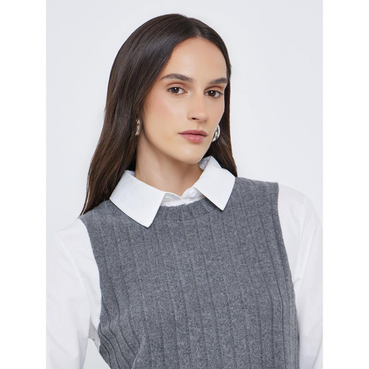 Styli Women Charcoal Ribbed Overlay Shirt-women-clothing-shirtsandblouses-shirts-image-3