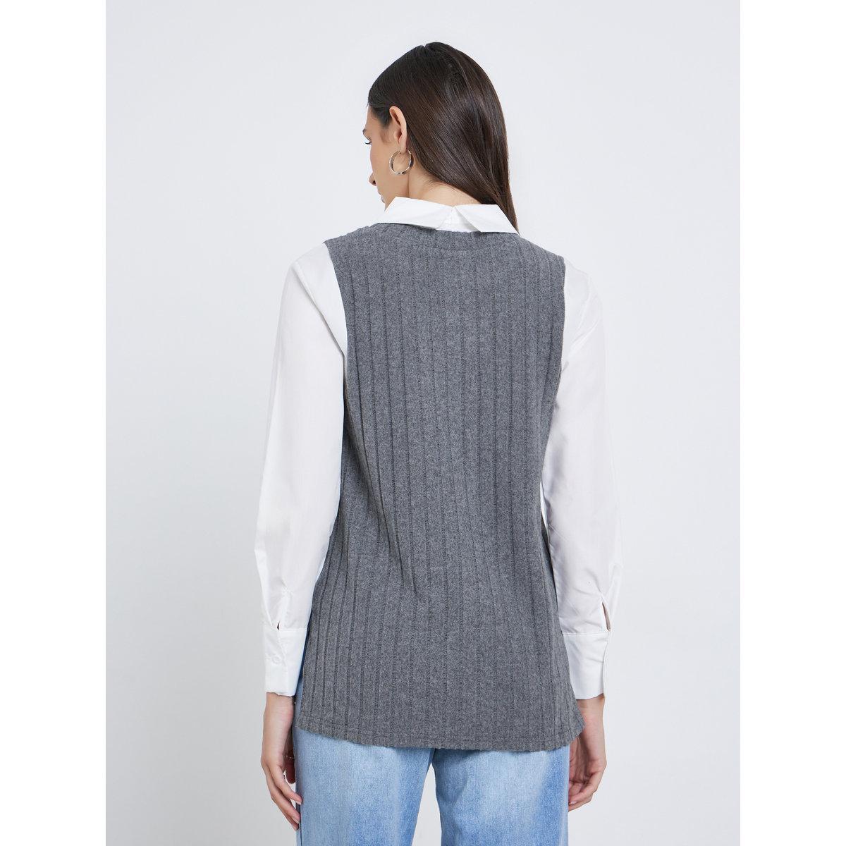 Styli Women Charcoal Ribbed Overlay Shirt-women-clothing-shirtsandblouses-shirts-image-4