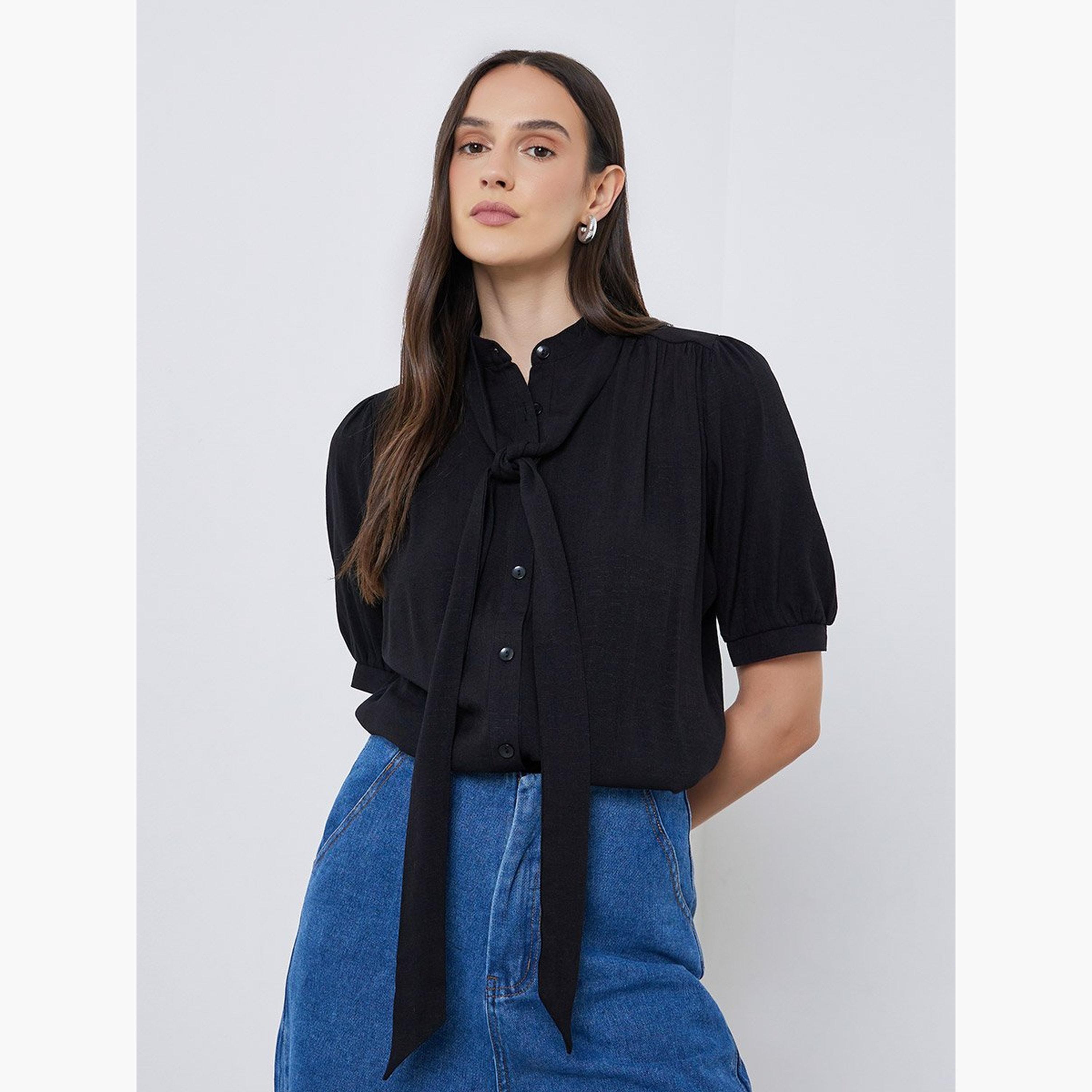 Styli Solid Tie Up Neck Puff Sleeve Blouse-women-clothing-shirtsandblouses-blouses-image-1