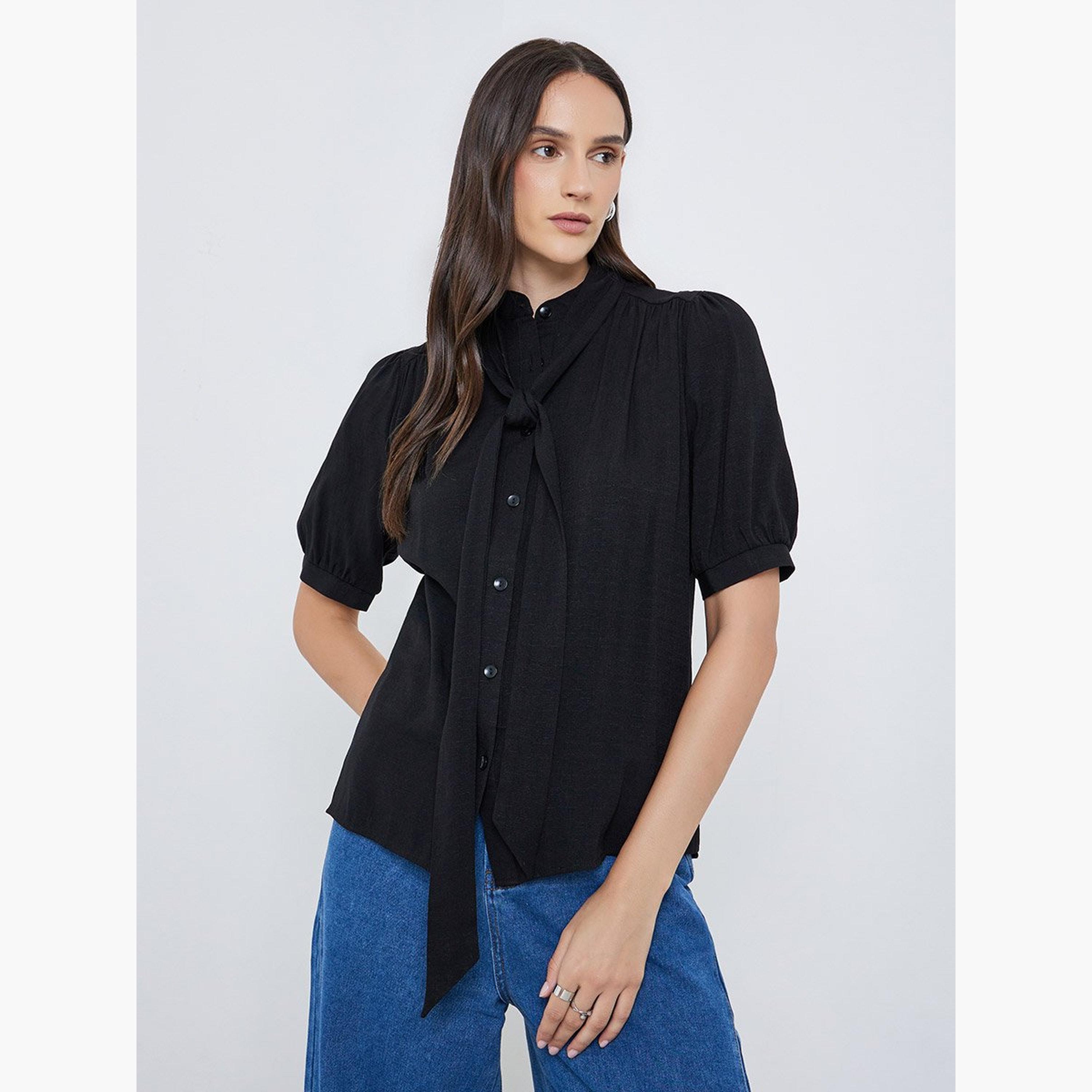 Styli Solid Tie Up Neck Puff Sleeve Blouse-women-clothing-shirtsandblouses-blouses-image-2