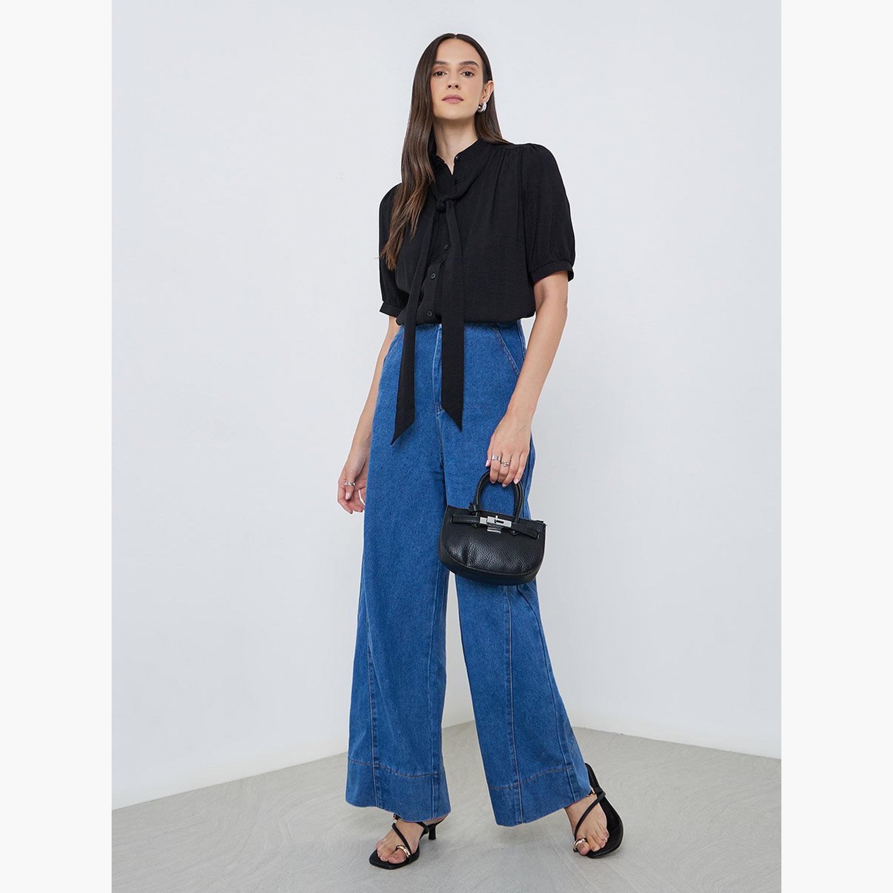 Styli Solid Tie Up Neck Puff Sleeve Blouse-women-clothing-shirtsandblouses-blouses-image-3