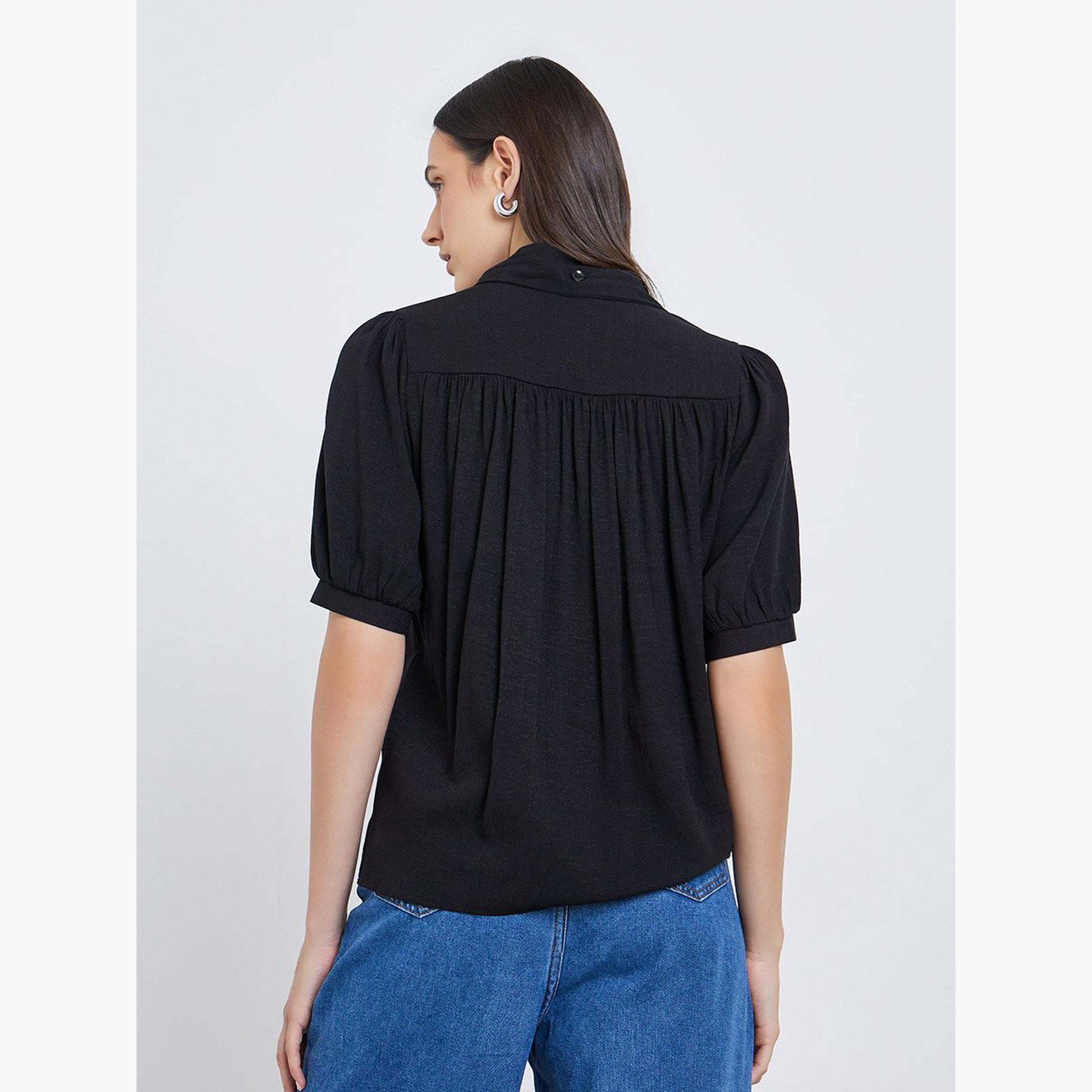Styli Solid Tie Up Neck Puff Sleeve Blouse-women-clothing-shirtsandblouses-blouses-image-5