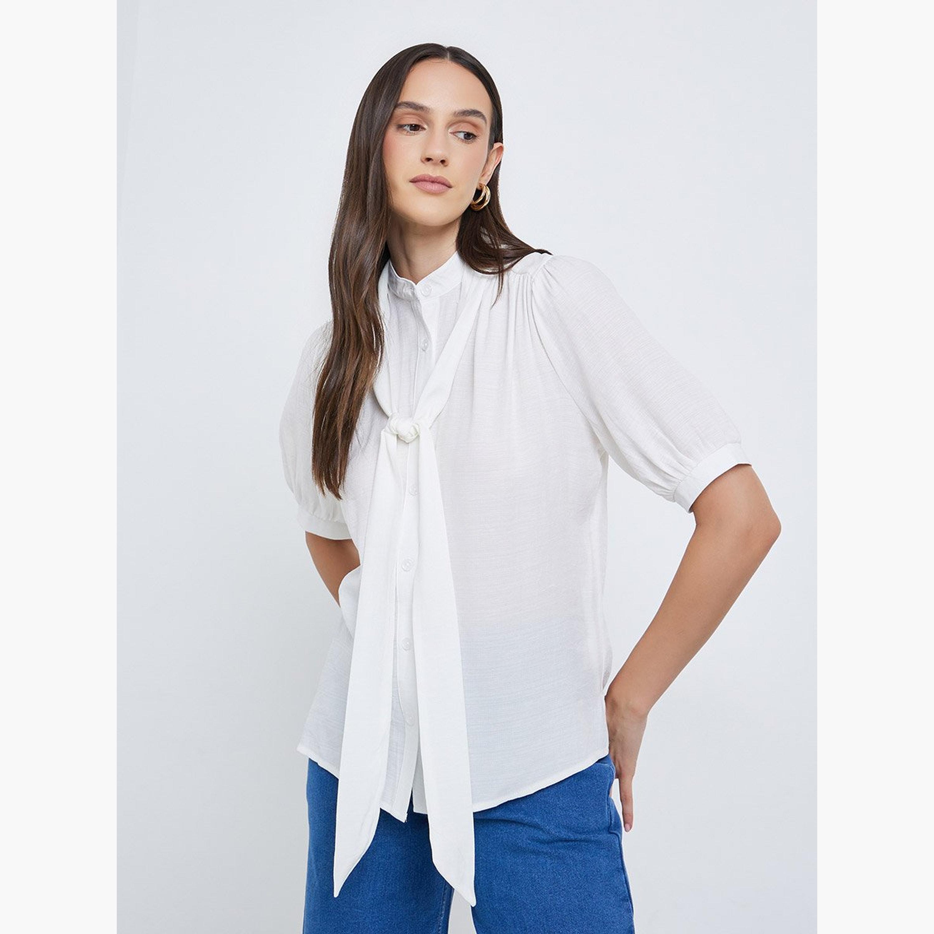 ستايلي - بلوزة سادة برباط على الرقبة وأكمام منتفخة-women-clothing-shirtsandblouses-blouses-image-1
