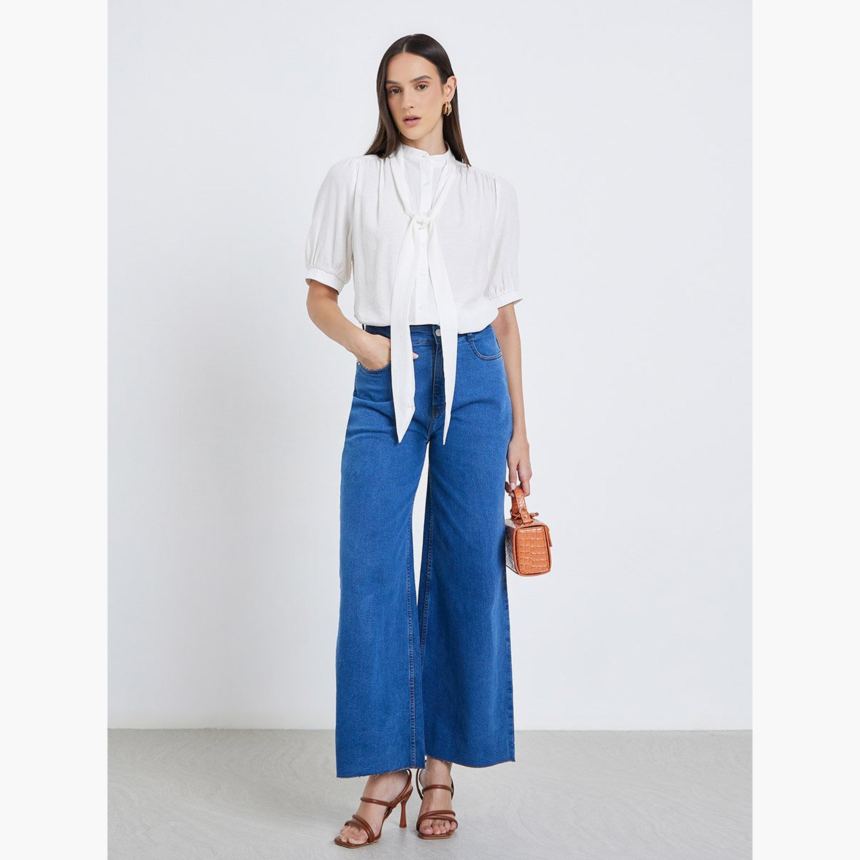 ستايلي - بلوزة سادة برباط على الرقبة وأكمام منتفخة-women-clothing-shirtsandblouses-blouses-image-2