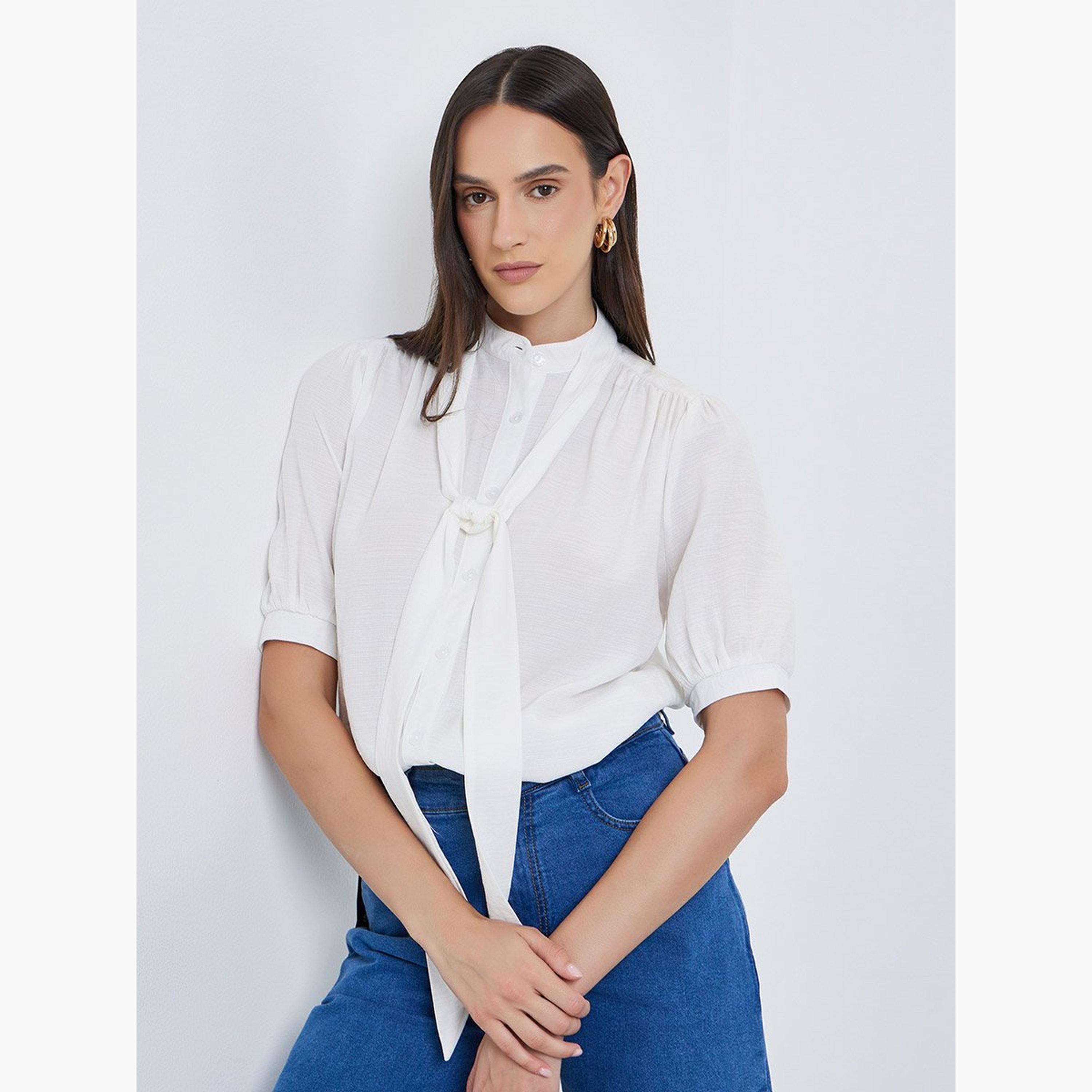 ستايلي - بلوزة سادة برباط على الرقبة وأكمام منتفخة-women-clothing-shirtsandblouses-blouses-image-3