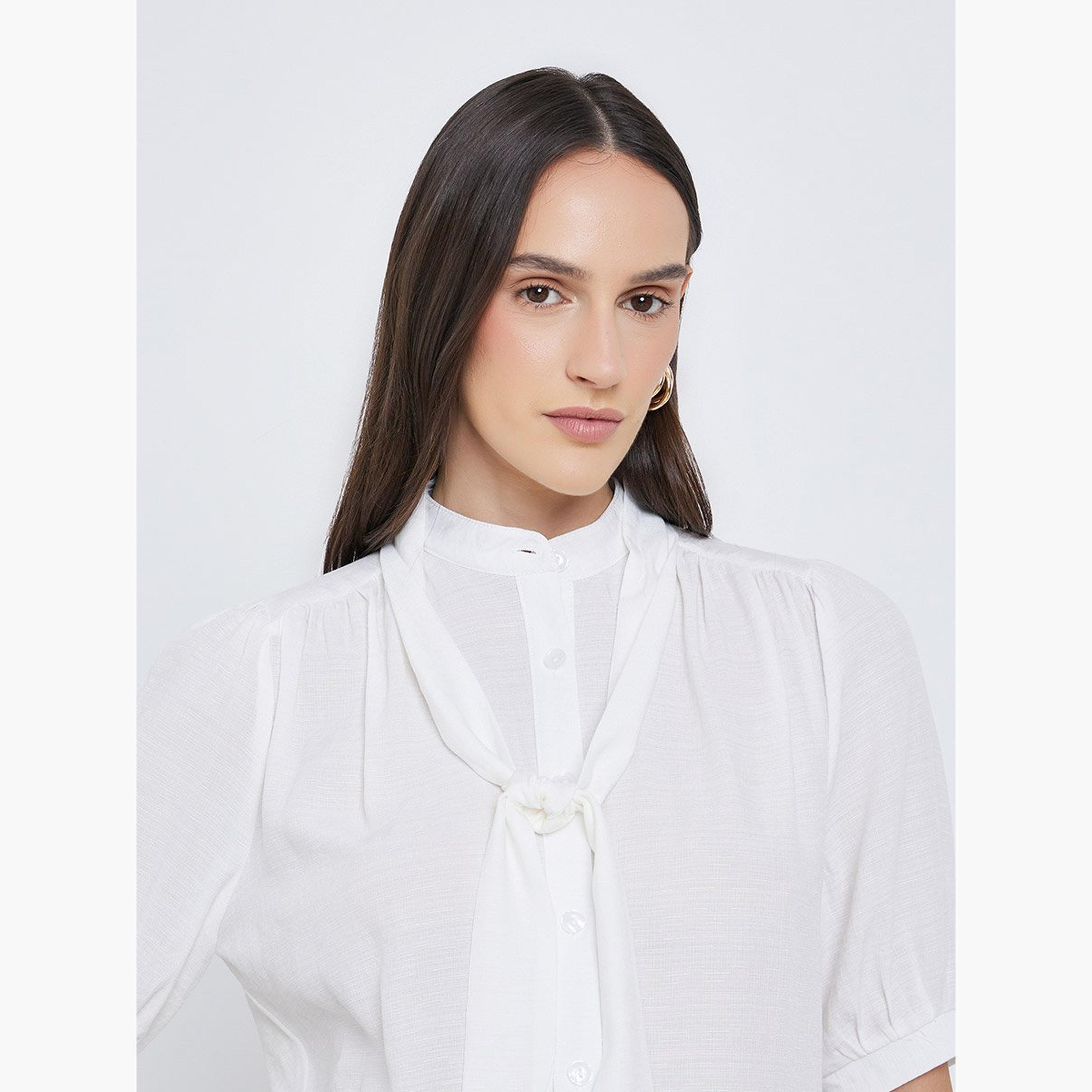 Styli Solid Tie Up Neck Puff Sleeve Blouse-women-clothing-shirtsandblouses-blouses-image-4