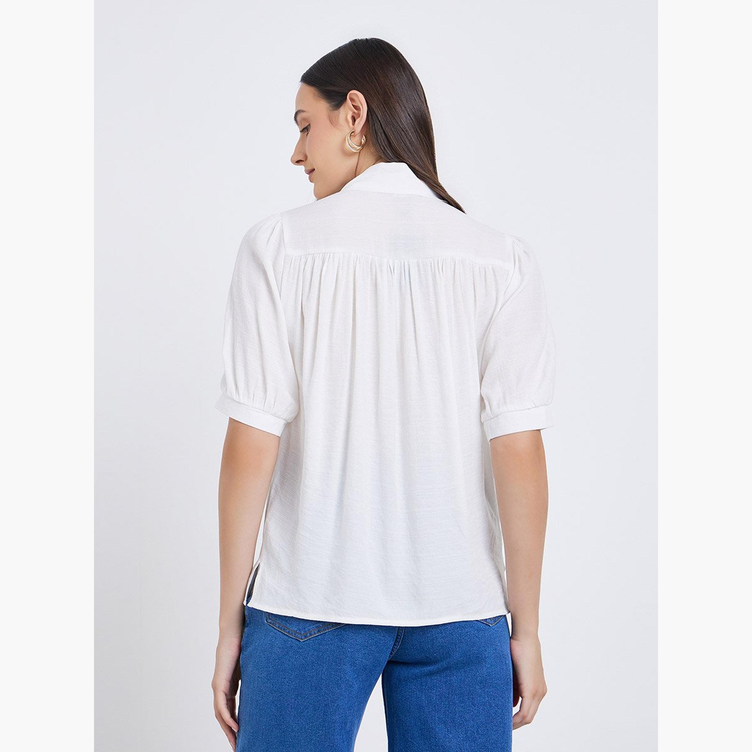 Styli Solid Tie Up Neck Puff Sleeve Blouse-women-clothing-shirtsandblouses-blouses-image-5