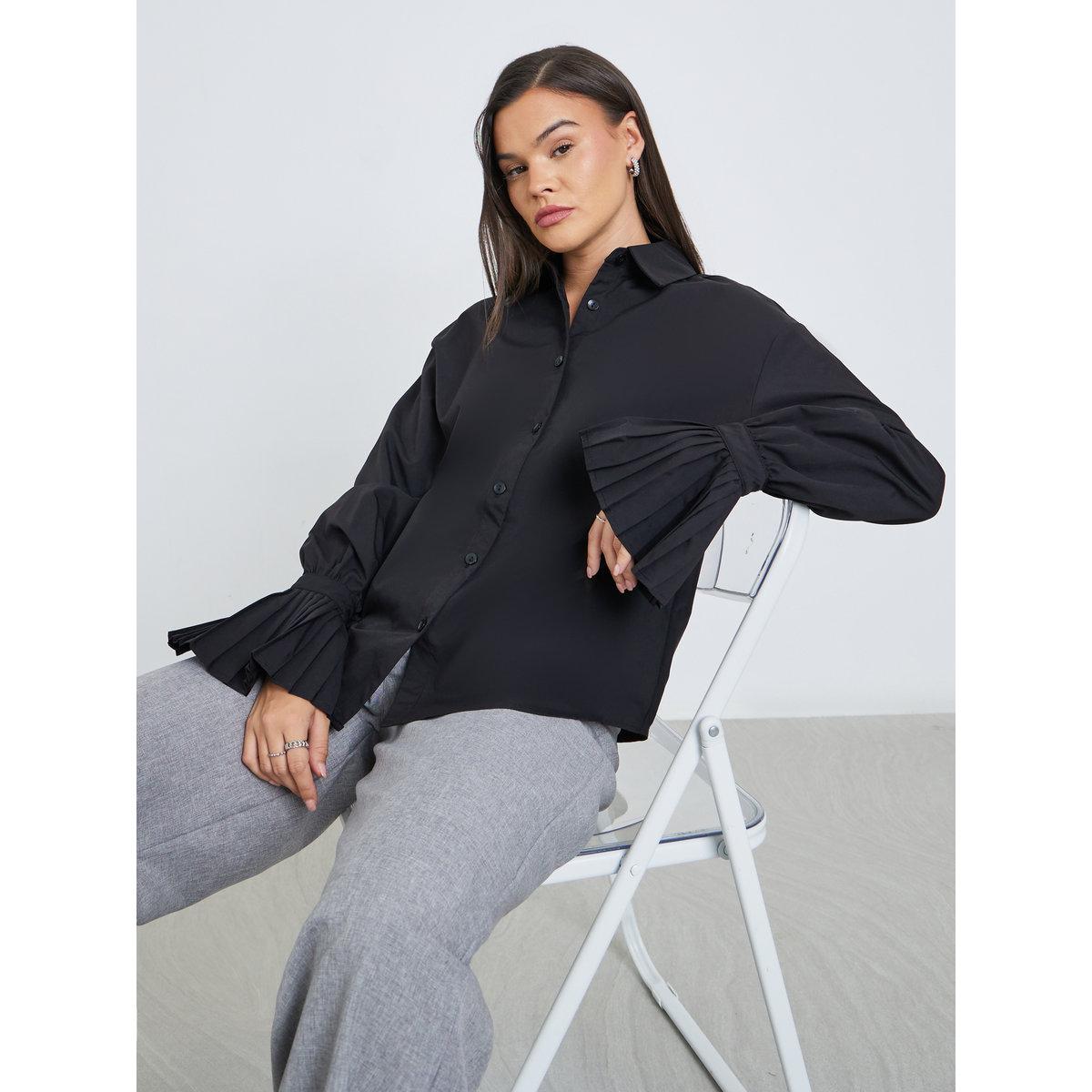 Styli Solid Pleated Detail Long Sleeve Shirt-women-clothing-shirtsandblouses-shirts-image-1